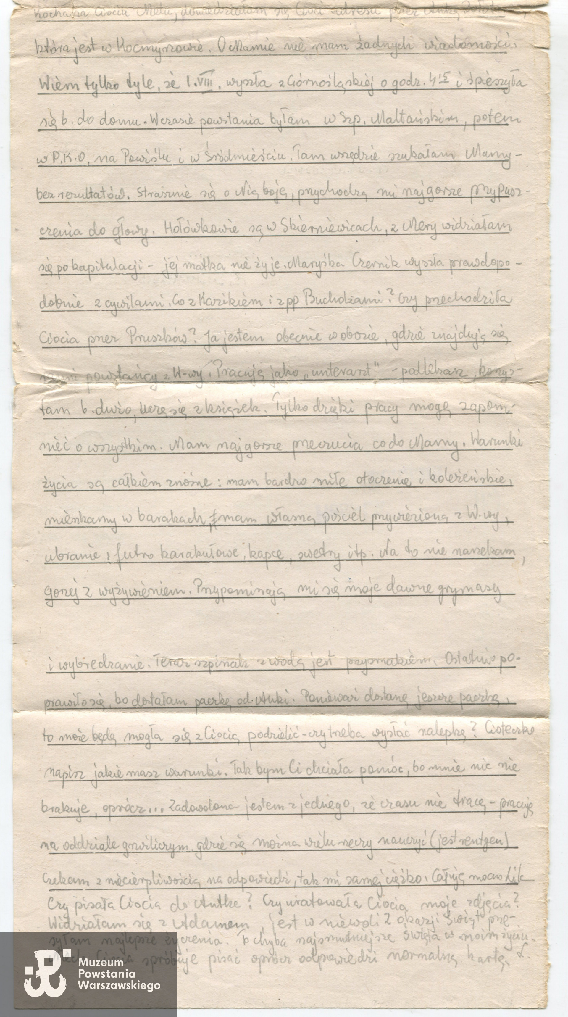 List napisany przez córkę Marię przebywającą po powstaniu w niewoli w Stalagu IV-B/H Zeithain do ciotki Amelii w którym zapytuje m.in. o informacje o losach swojej matki w trakcie powstania. (rerwers), zbiory rodzinne