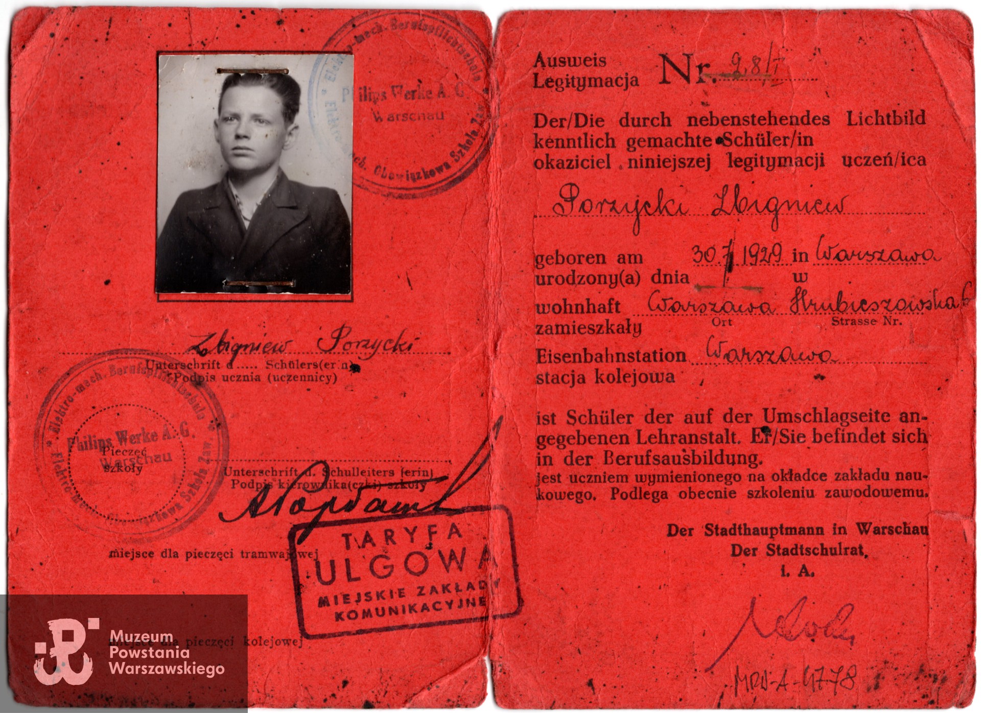 Legitymacja szkolna Zbigniewa Porzyckiego, zbiory Muzeum Powstania WarszawskiegoMPW-A-4778 dar brata Andrzeja Porzyckiego 