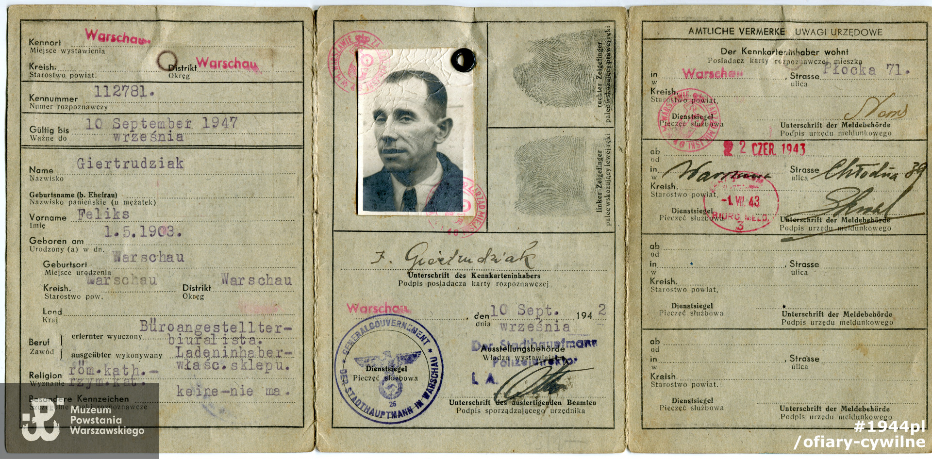 Okupacyjna kenkarta należąca do Feliksa Giertrudziaka, zbiory Muzuem Powstania Warszawskiego syg. MPW-A-3680 (P/3951)