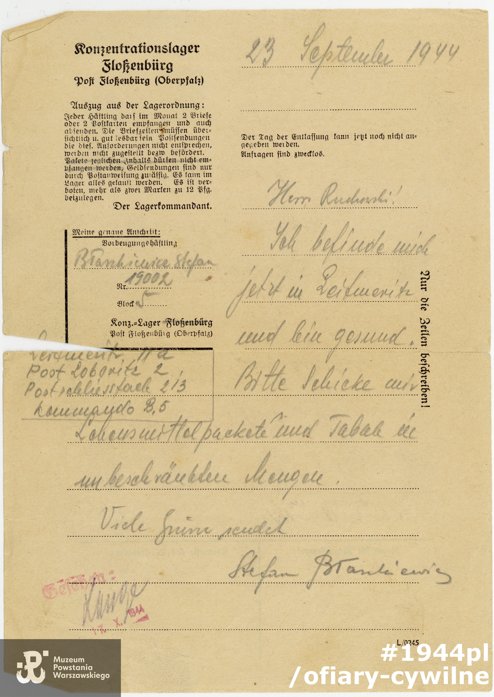 List wysłany 23 września 1944 r.  z obozu koncentracyjnego Flossenbürg k-do Leitmeritz przez Stefana Błaszkiewicza do Stanisława Ruchowskiego.