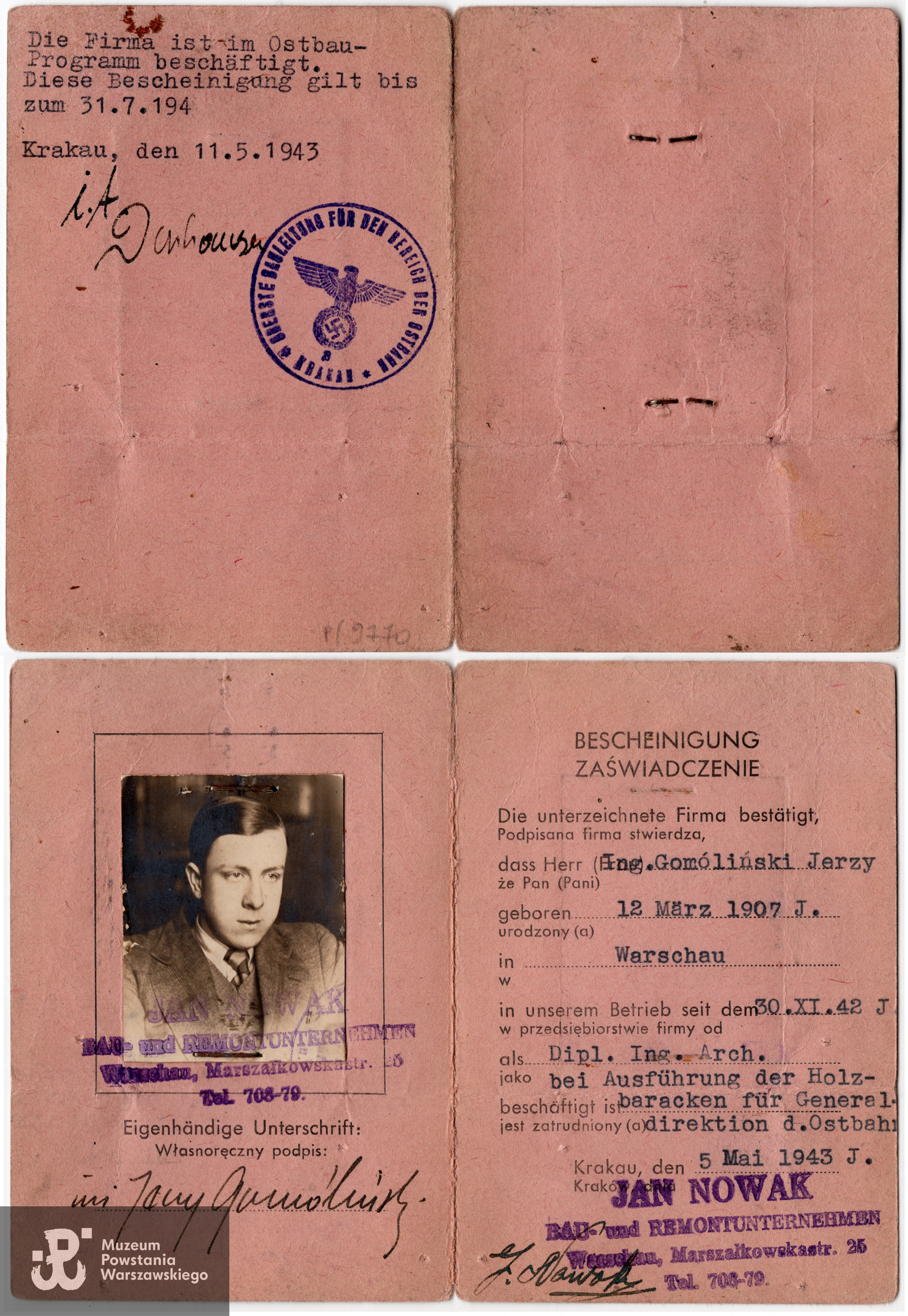 Zaświadczenie potwierdzające wykonywanie pracy na rzecz dyrekcji Kolei Wschodnich przez firmę w której był zatrudniony w trakcie okupacji Jerzy Gomóliński, zbiory Muzeum Powstania Warszawskiego nr akc. P/9770