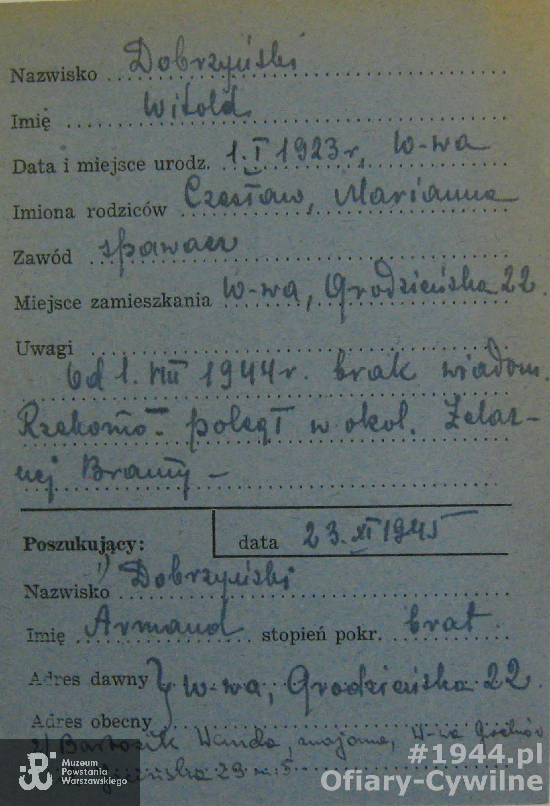 Karta z poszukiwań Witolda przez brata Armanada oraz znajomą Wandę Bartosik, ze zbiorów Krajowego Biura Informacji i Poszukiwań PCK