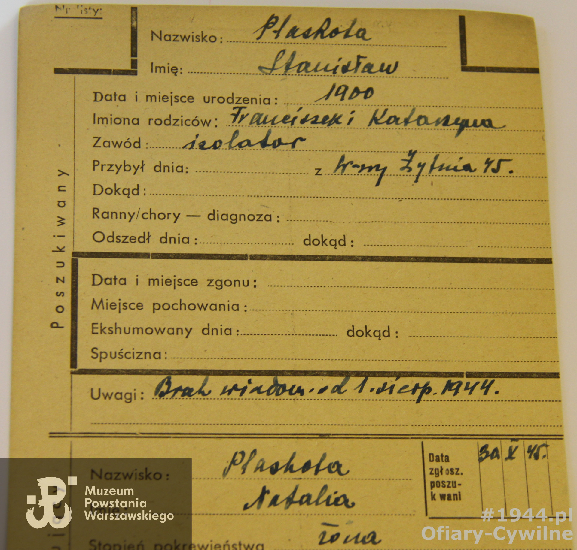 Karta z poszukiwań w 1945 r. Stanisław Plaskoty przez żonę Natalię, ze zbiorów Krajowego Biura Informacji i Poszukiwań PCK