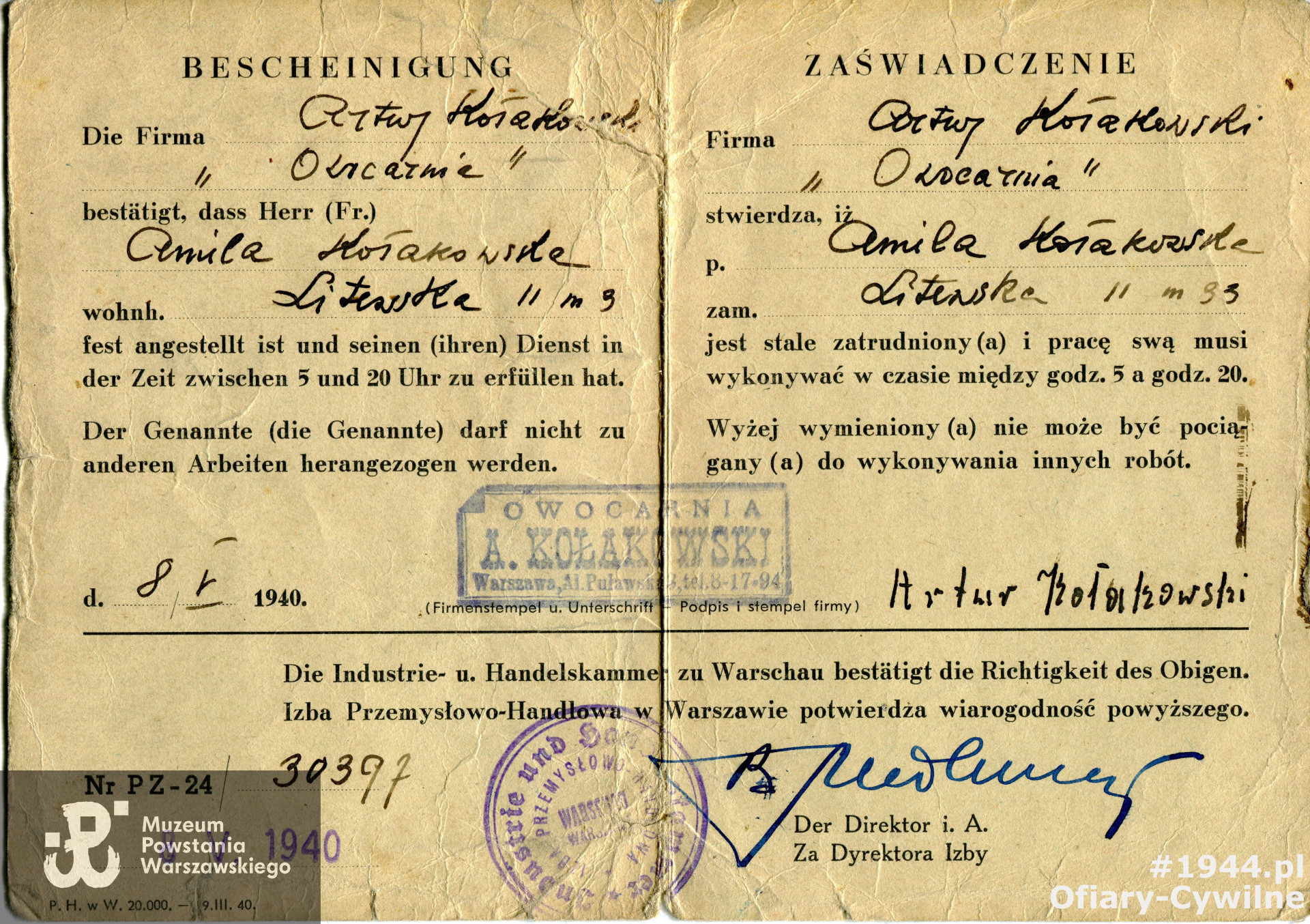 Poświadczenie zatrudnienia Artura Kołakowskiego,udostępnione przez syna Pana Andrzeja Kołakowskiego