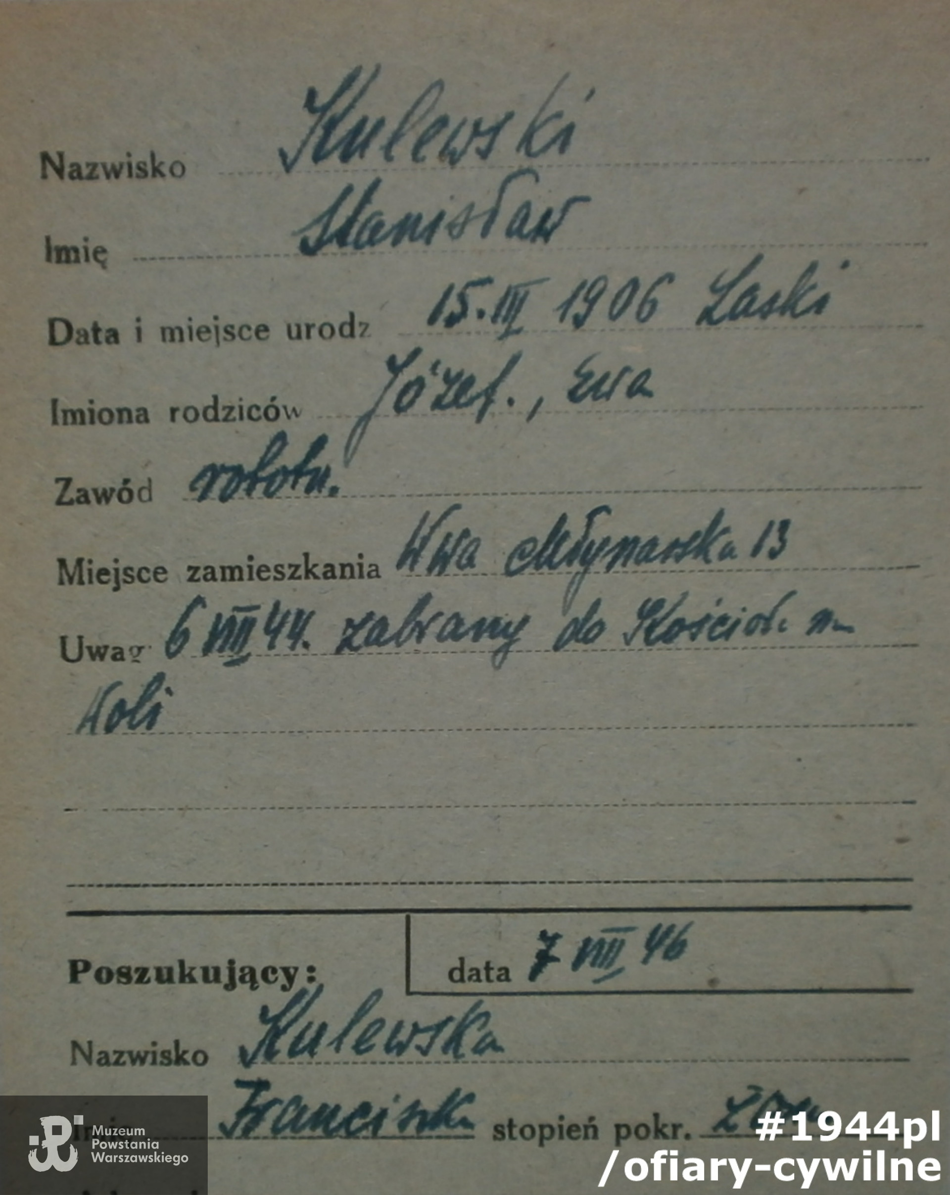 Karta PCK z poszukiwań Stanisława przez żonę Franciszkę, ze zbiorów Krajowego Biura Informacji i Poszukiwań PCK