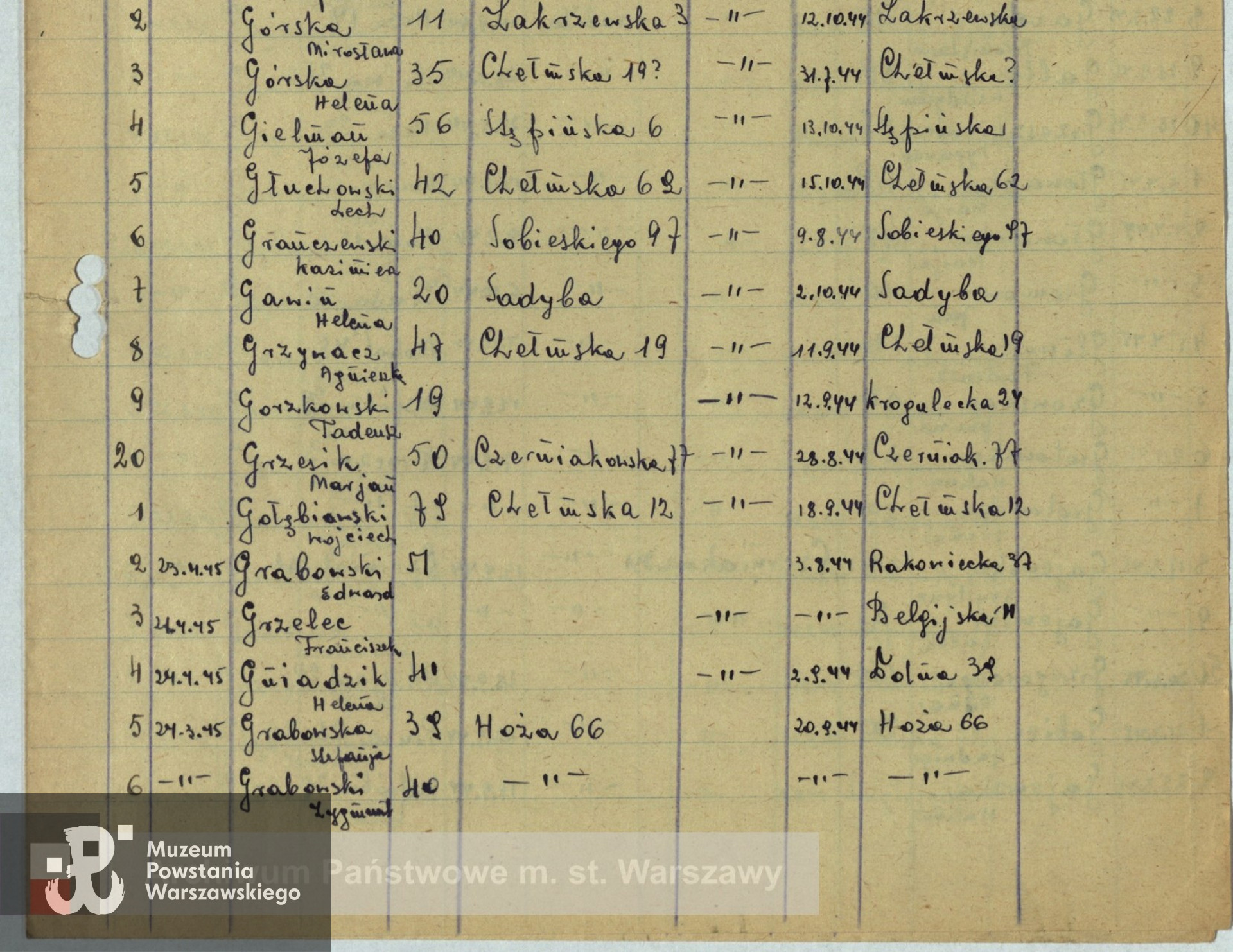 Fragment listy ekshumowanych ze zbirów Archiwum Państwowe m.st. Warszawy sygnatura 455/210