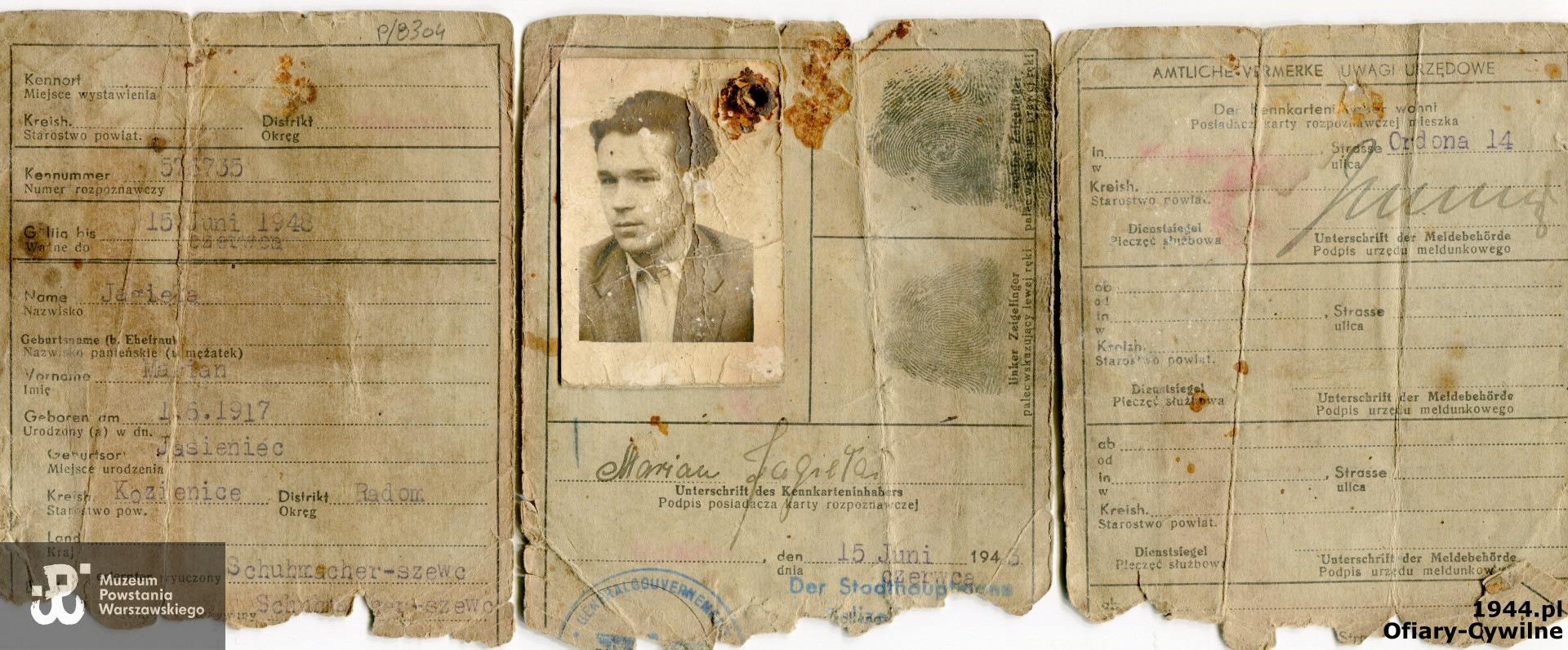 Okupacyjna kenkarta należąca do Mariana Jagiełły, ze zbiorów Muzeum Powstania Warszawskiego P/8304