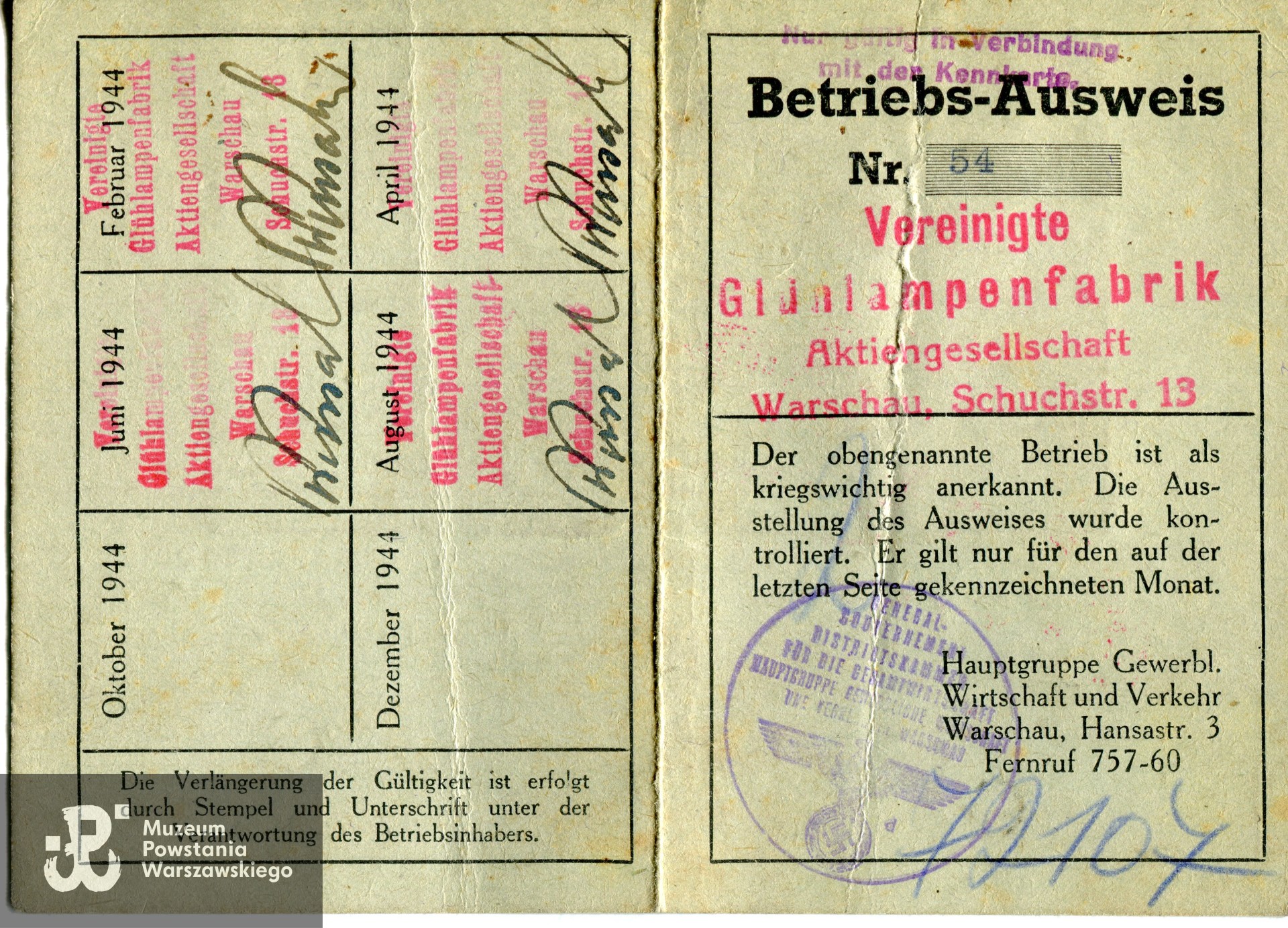 Legitymacja pracownicza, wystawiona dla Jana Zydorka (rewers), zbiory Muzeum Powstania Warszawskiego syg. MPW-A/12188