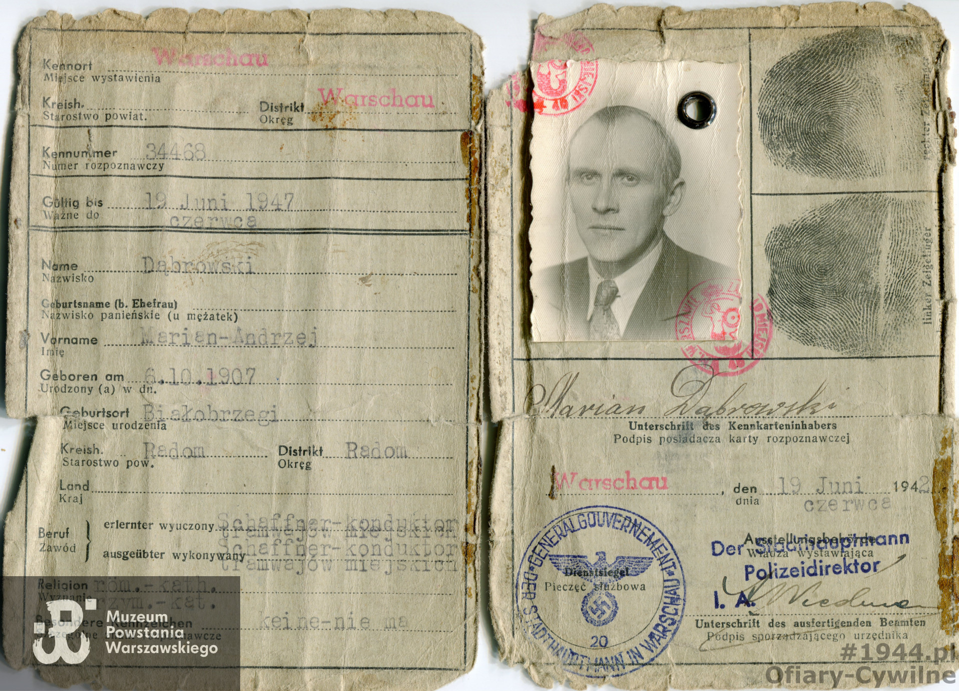 Kenkarta należąca do  Mariana Dąbrowskiego, ze zbiorów rodzinnych pan Witolda Dąbrowskiego