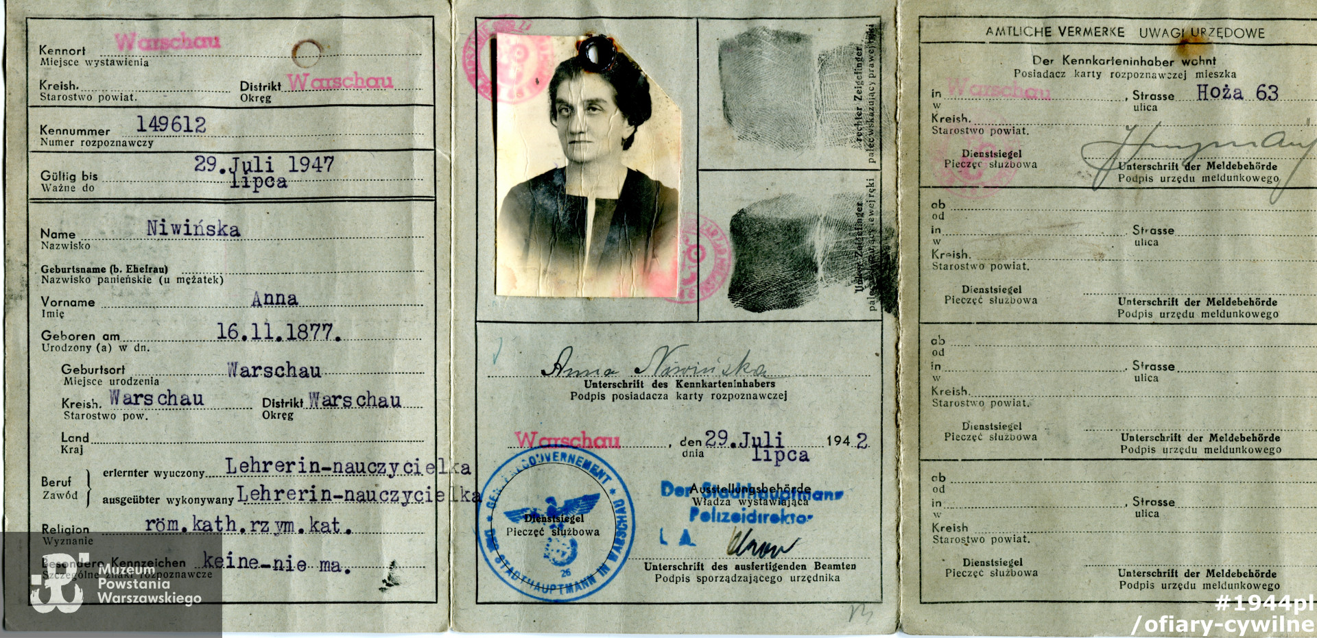 Okupacyjna kenkarta należąca do Anny Niwińskiej, zbiory Muzeum Powstania Warszawskiego nr akcesji P/9056