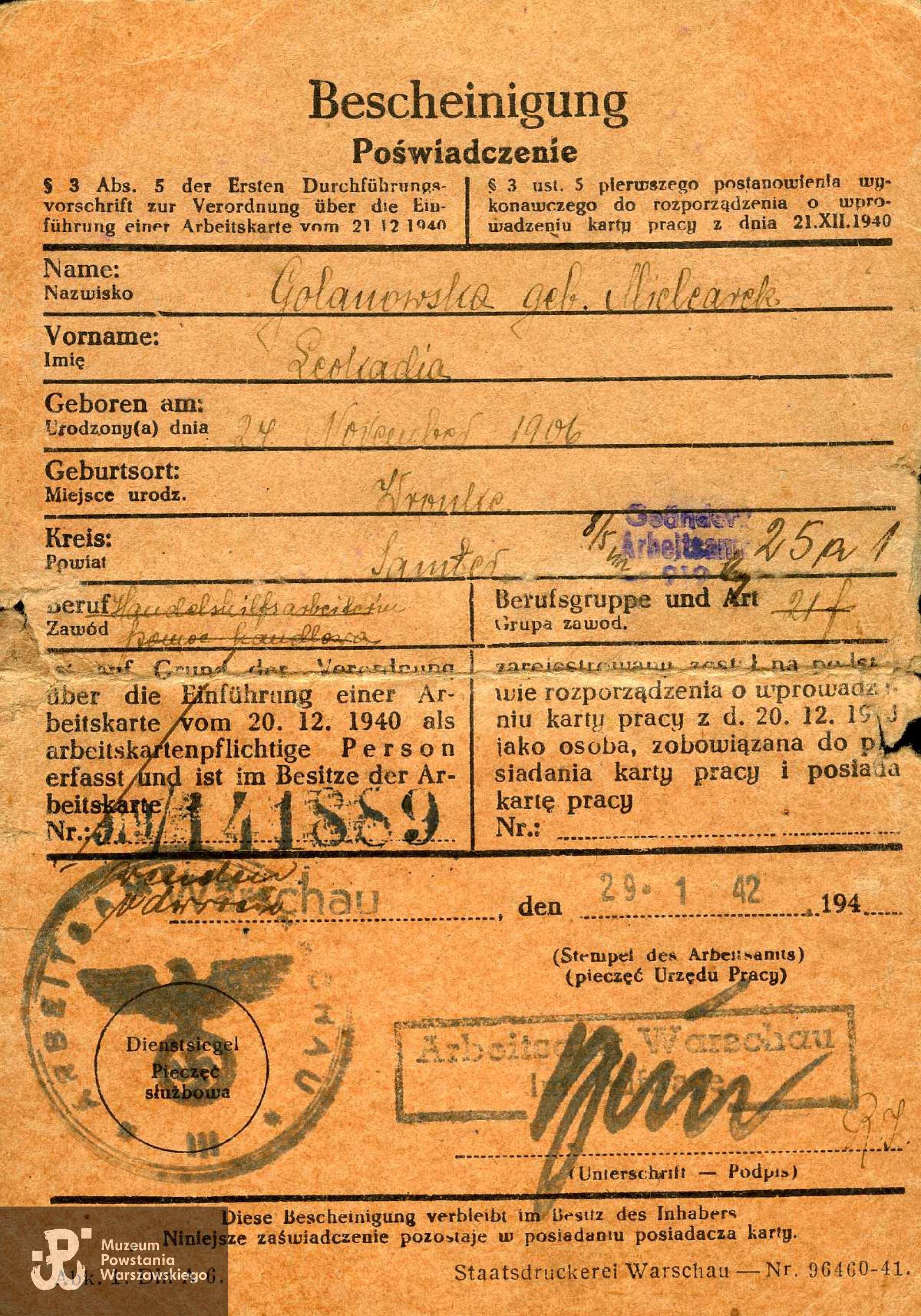 Karta Pracy Leokadii Golanowskiej (awers), zbiory rodzinne udostępnił Pan Grzegorz Ostrowski