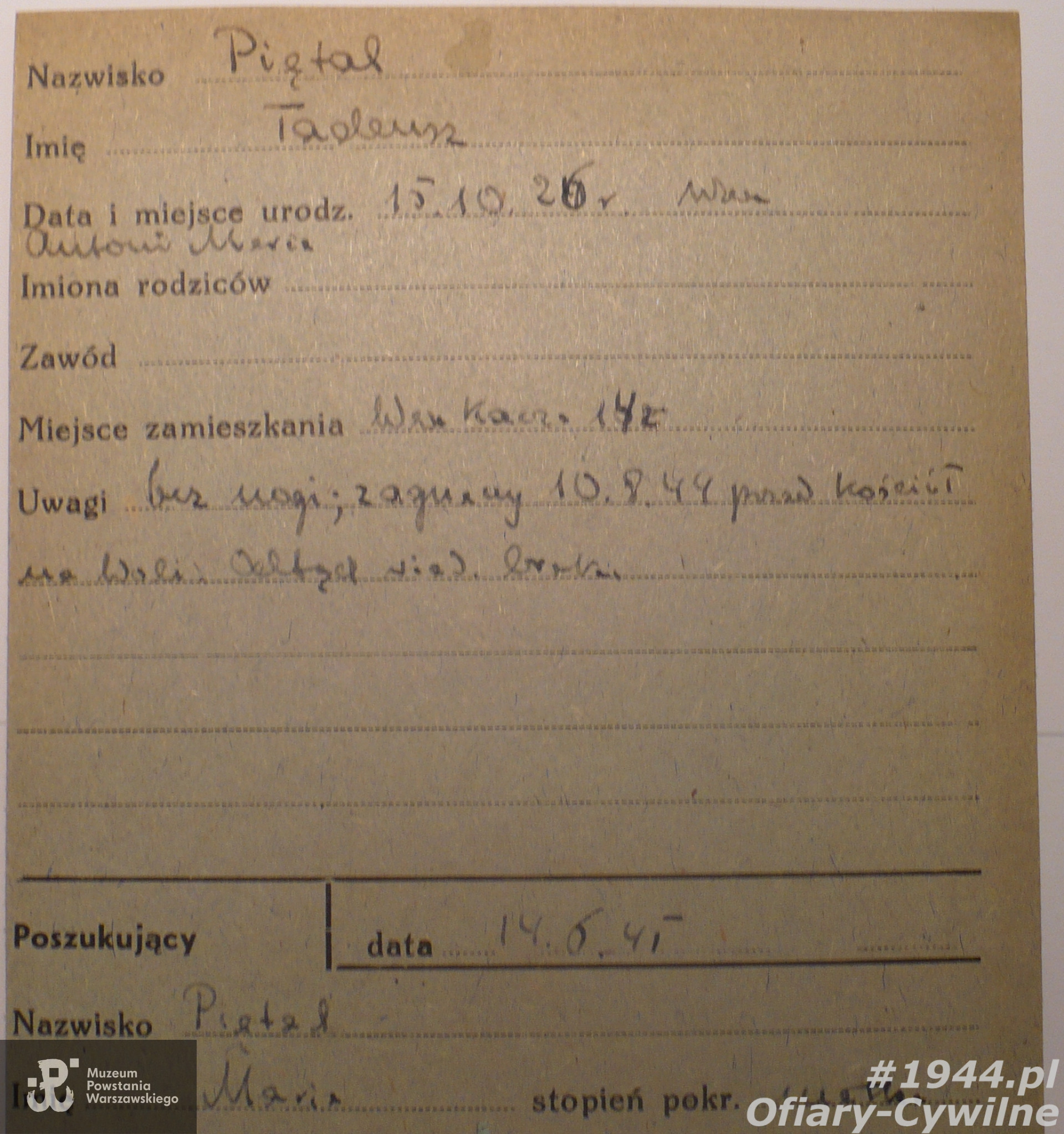 Karta z poszukiwań Tadeusza przez matkę Marię, ze zbiorów Krajowego Biura Informacji i Poszukiwań PCK