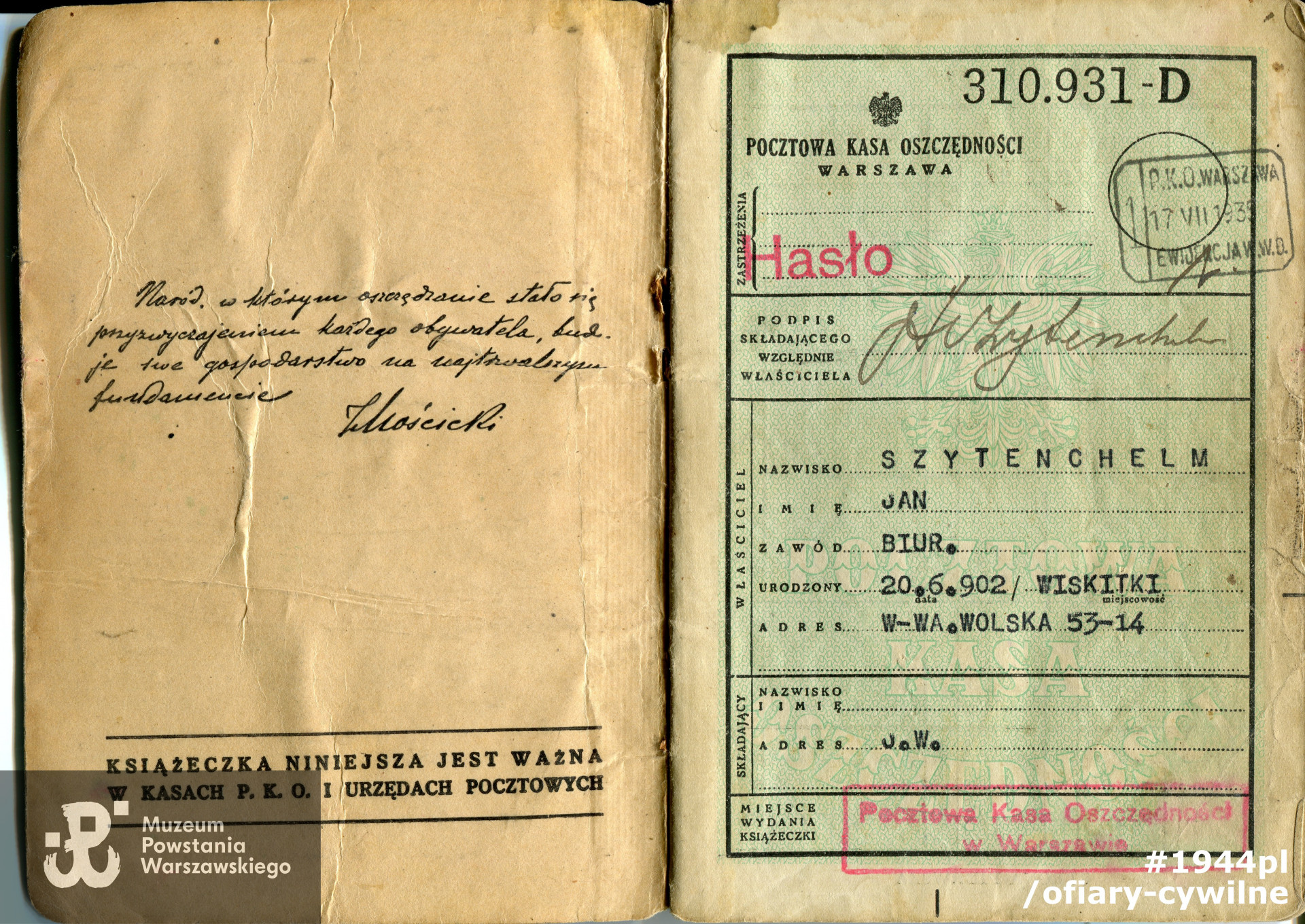 Książeczka oszczędnościowa PKO należąca do Jana Szytenchelma, zbiory Muzeum Powstania Warszawskiego nr akcesji P/8690
