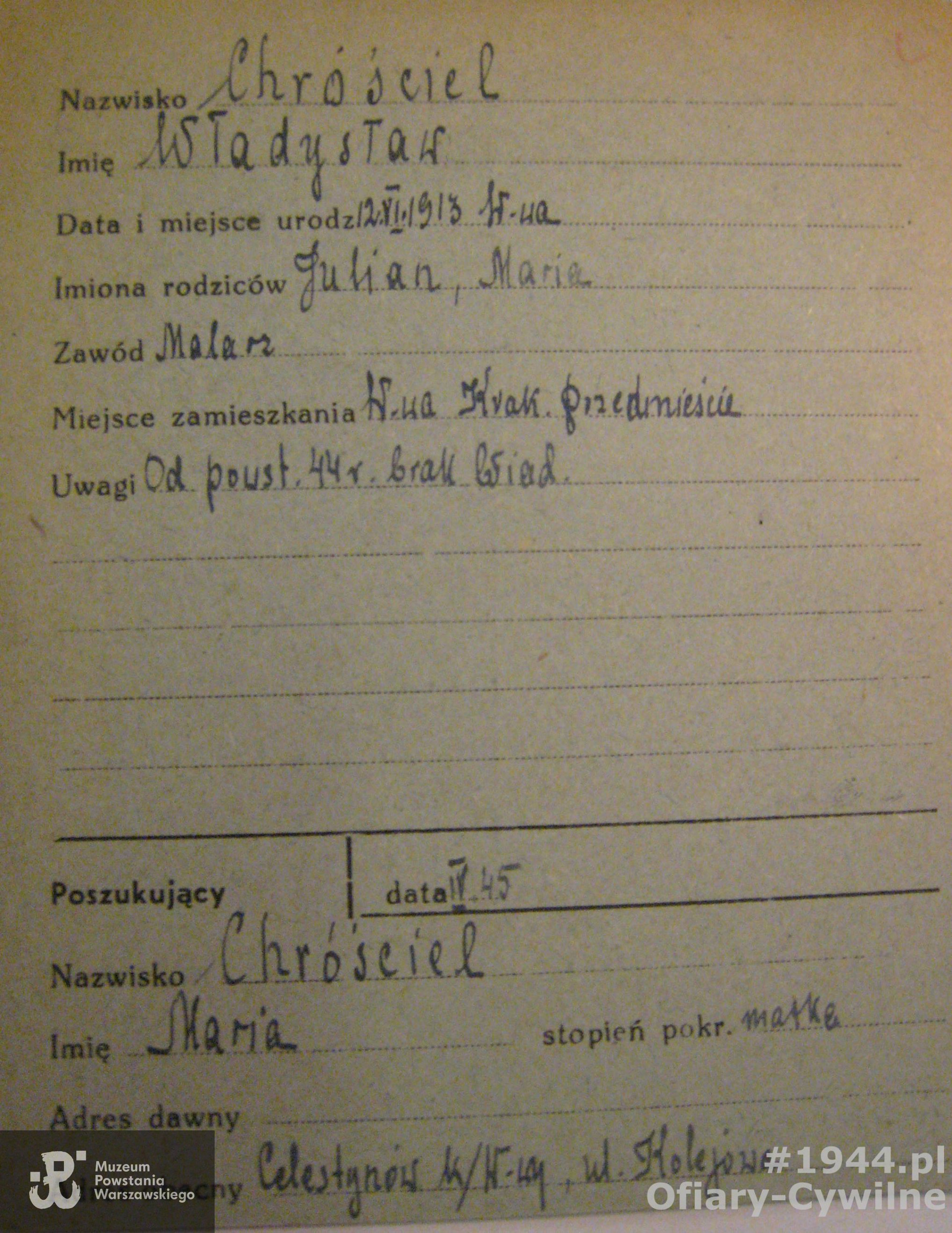Karta z poszukiwań Władysława przez matkę Mariannę, ze zbiorów Krajowego Biura Informacji i Poszukiwań PCK