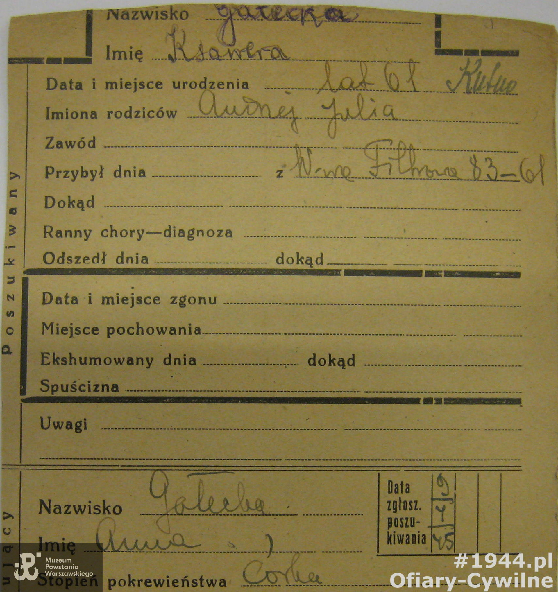 Karta z poszukiwań Ksawery Gałeckiej przez córkę Annę Gałęcką, ze zbiorów Krajowego Biura Informacji i Poszukiwań PCK
