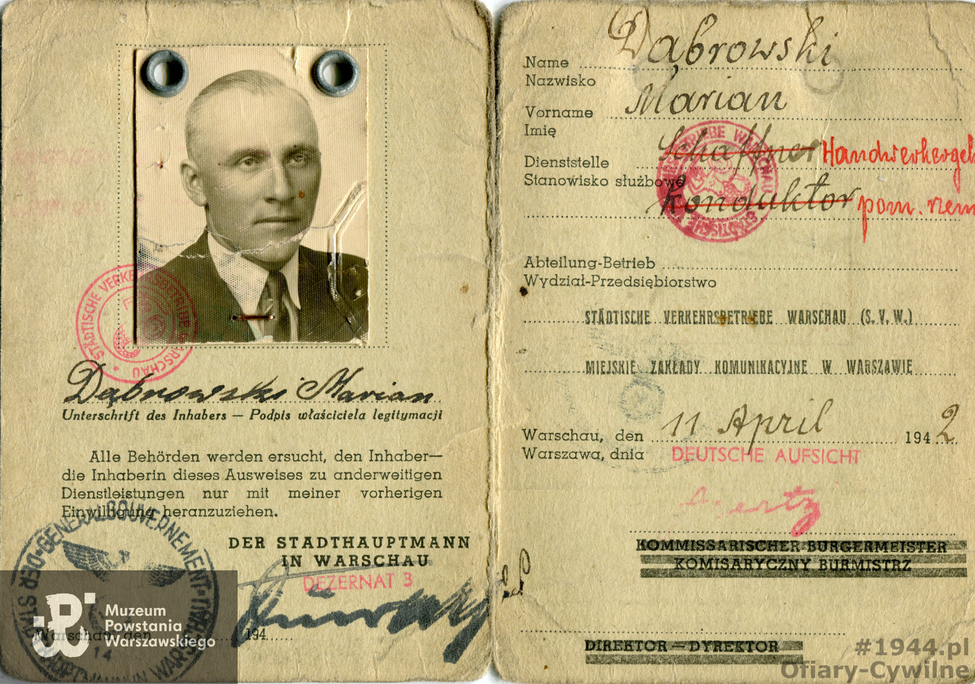 Ausweis wystawiony przez Miejski Zakład Komunikacji w Warszawie należący do Mariana Dąbrowskiego, ze zbiorów rodzinnych pana Witolda Dąbrowskiego