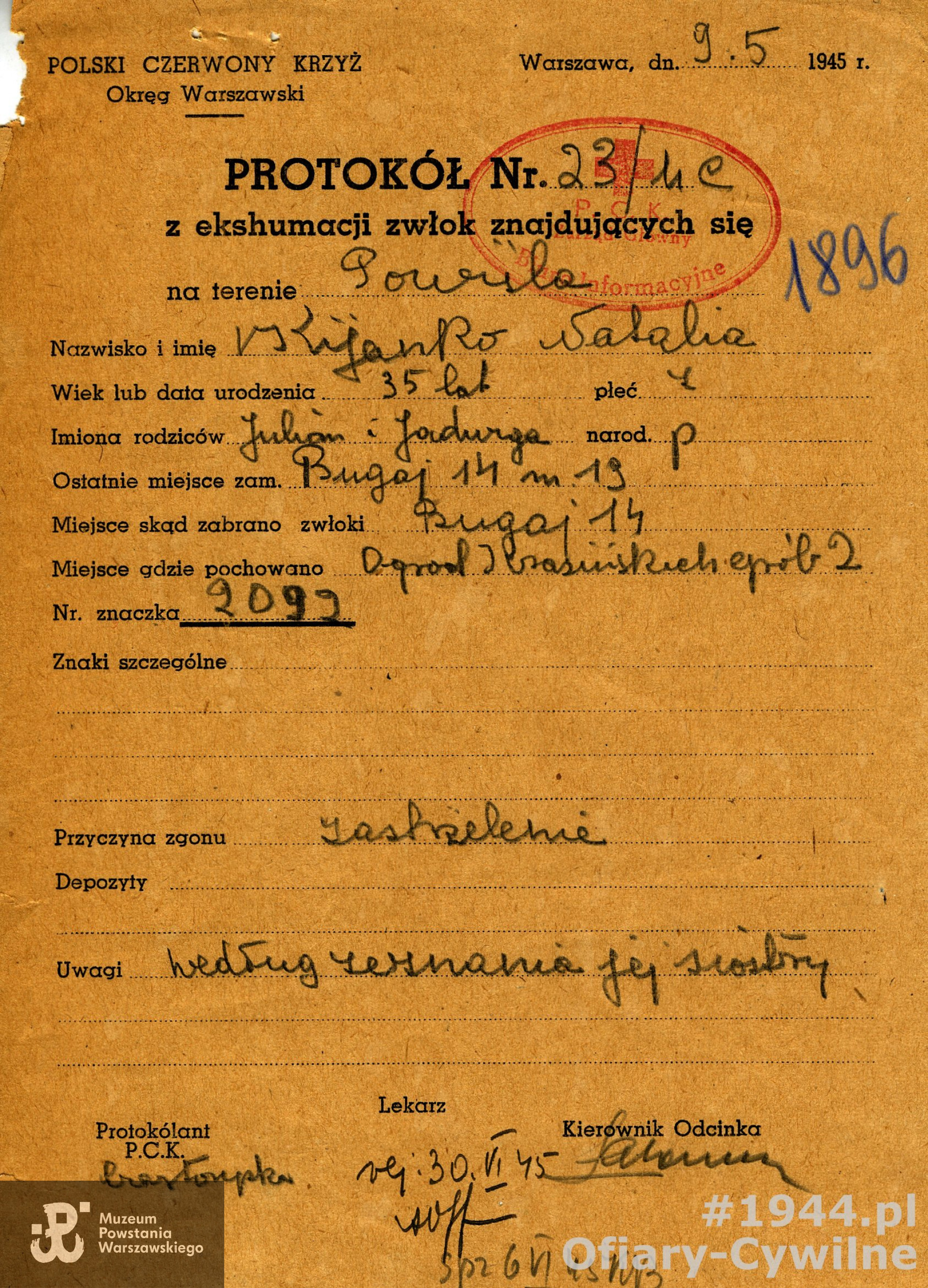 Protokół z ekshumacji Natalii Kijanko z ul. Bugaj 14 do mogiły zbiorowej w Ogrodzie Krasińskich, ze zbiorów Krajowego Biura Informacji i Poszukiwań PCK