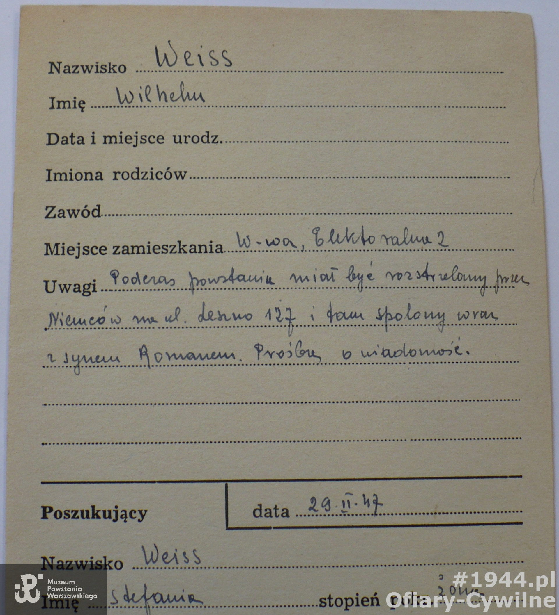 Karta z poszukiwań Wilhelma przez żonę Stefanię, ze zbiorów Krajowego Biura Informacji i Poszukiwań PCK