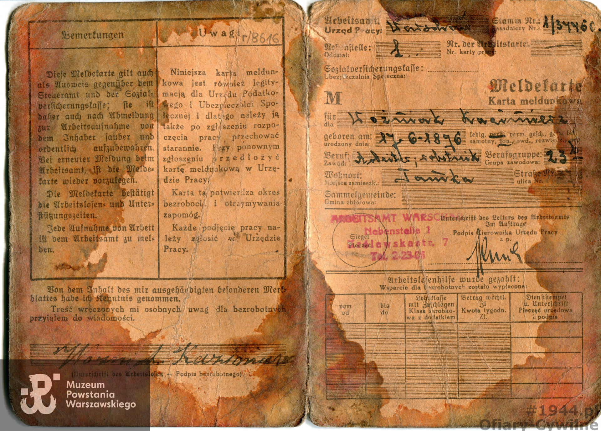 Karta Meldunkowa należąca do Kazimierza Woźniaka, ze zbiorów Muzeum Powstania Warszawskiego sygnatura P/8616, dar syna pana Józefa Woźniaka