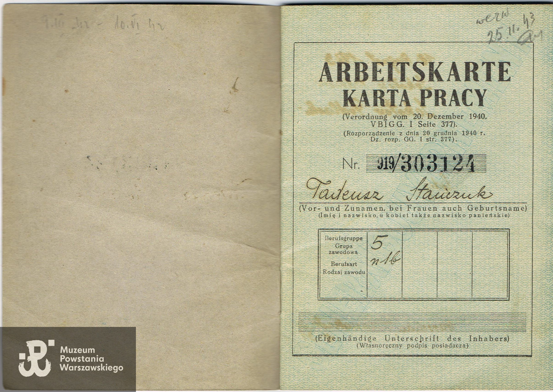 Karta Pracy (Arbeitskarte) należącą do Tadeusza, udostępniła Pani Anna Zadrożna