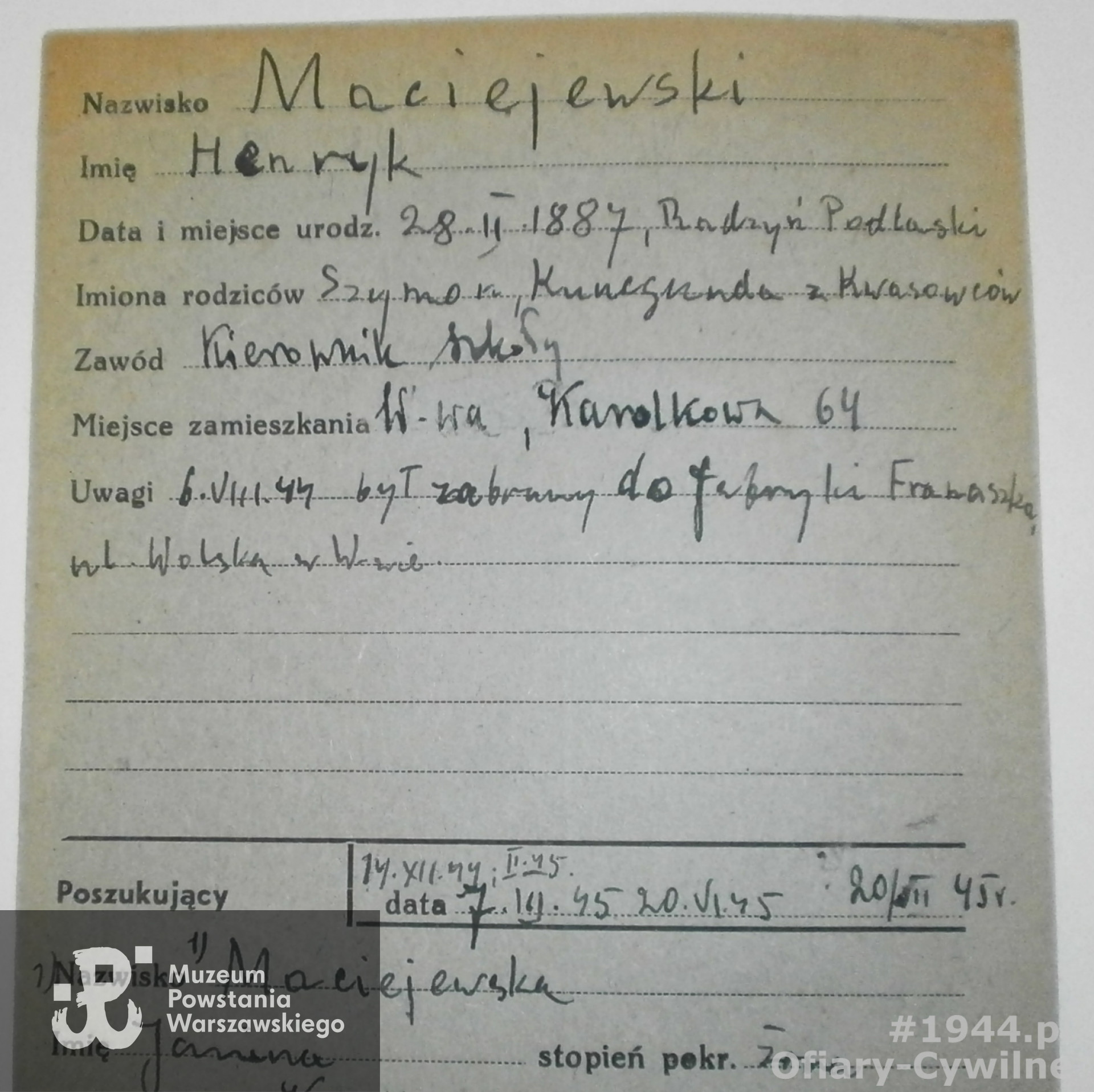 Karta z poszukiwań Henryka przez żonę Janinę, ze zbiorów Krajowego Biura Informacji i Poszukiwań PCK