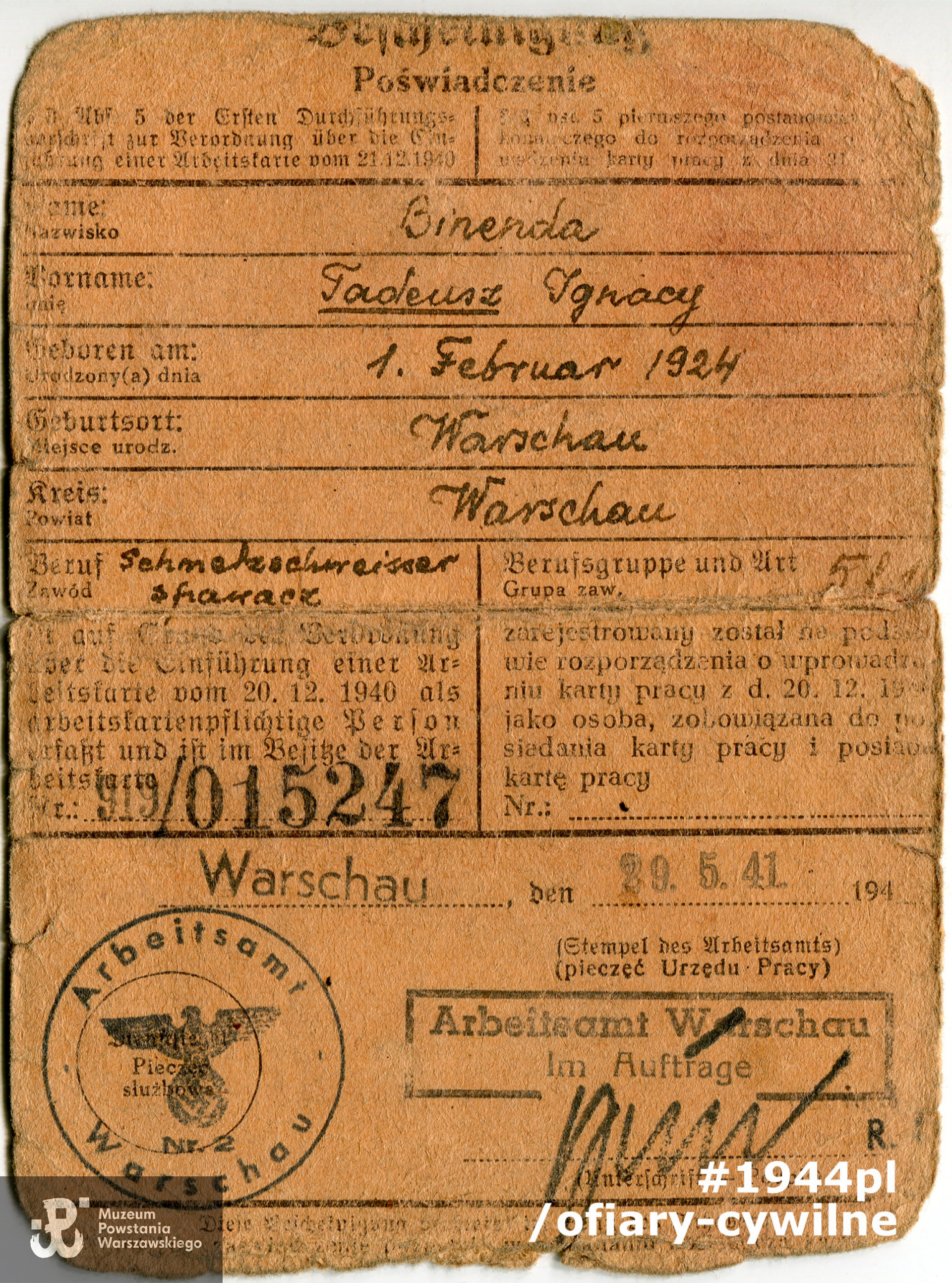 Bescheinigung należący do Tadeusza,  ze zbiorów Pani Ewe Baccarelli-Hallala