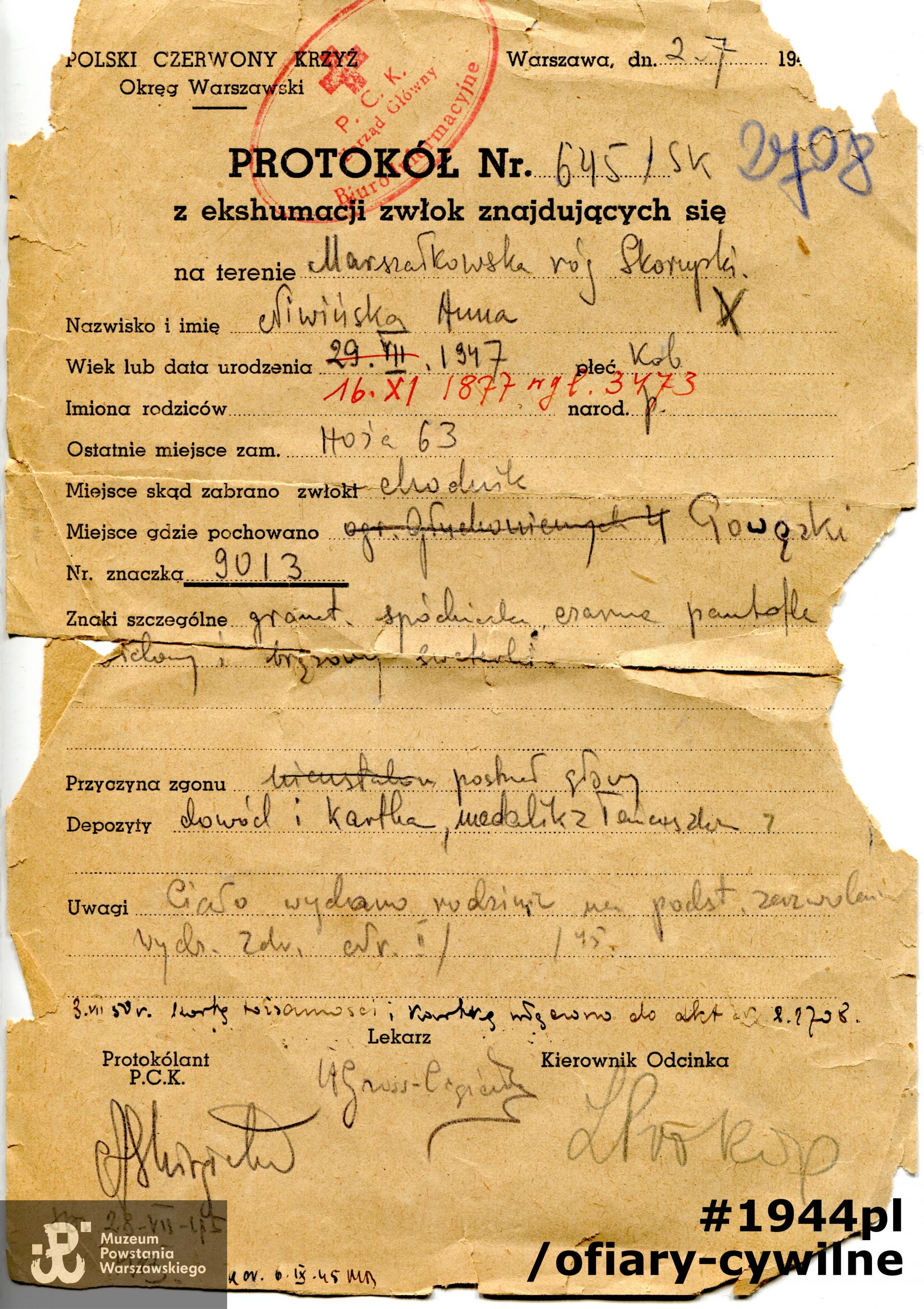 Protokół z ekshumacji, zbiory Muzeum Powstania Warszawskiego nr akcesji P/9056