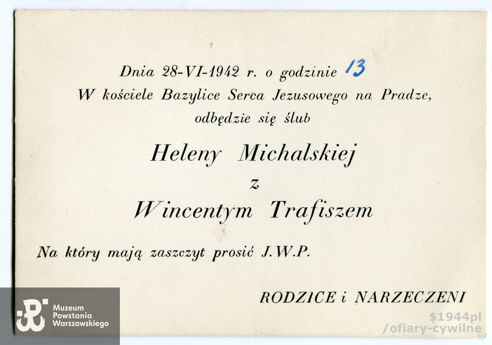 Zaproszenie na ślub Heleny Michalskiej i Wincentego Trafisza, zbiory Muzeum Powstania Warszawskiego nr akcesji P/5793 dar syna Andrzeja Ryszarda Trafisz