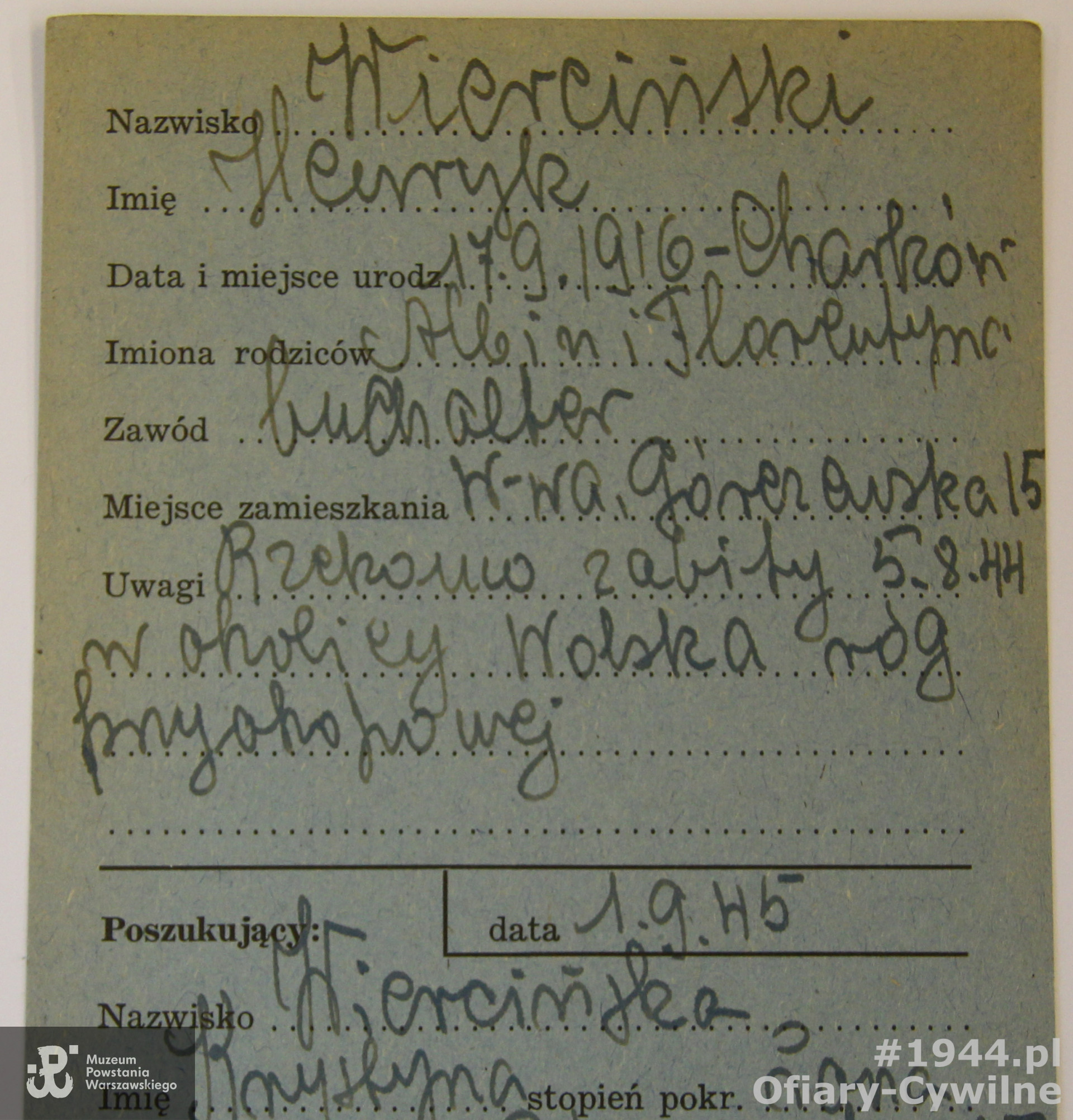 Karta z poszukiwań Henryka Wiercińskiego przez żonę Krystynę, ze zbiorów Krajowego Biura Informacji i Poszukiwań PCK