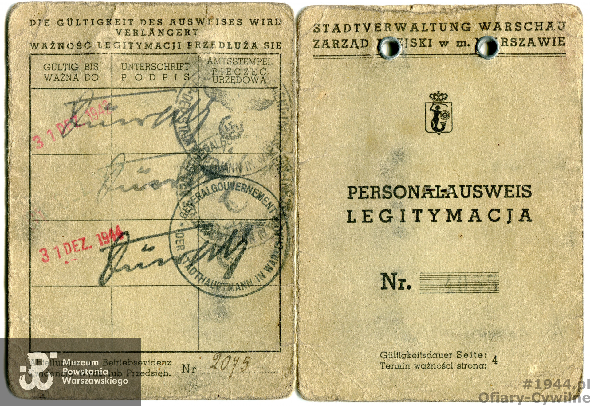 Ausweis wystawiony przez Miejski Zakład Komunikacji w Warszawie należący do Mariana Dąbrowskiego, ze zbiorów rodzinnych pana Witolda Dąbrowskiego