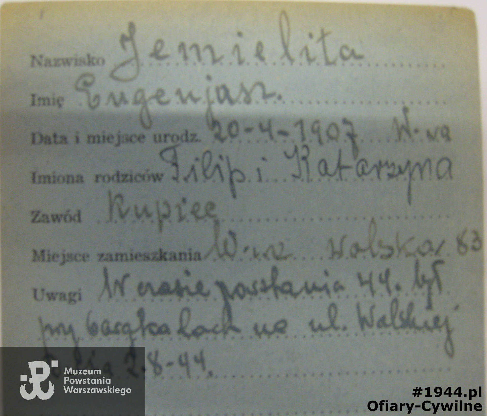 Fragment karty z poszukiwań Eugeniusza Jemielity, ze zbiorów Krajowego Biura Informacji i Poszukiwań PCK