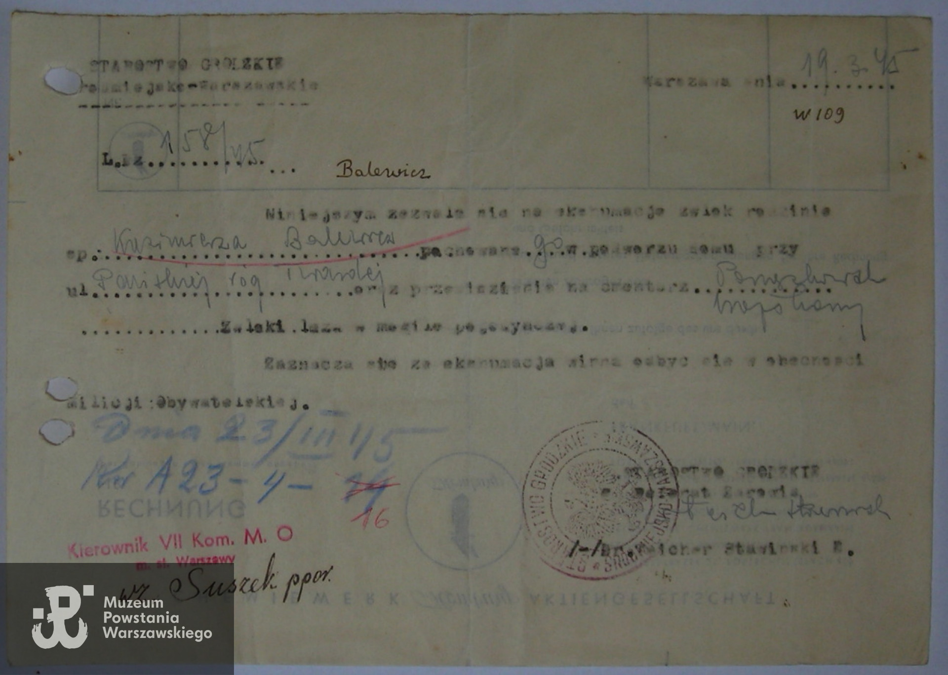 Zezwolenie na ekshumacje, z archiwum Zarządu Cmentarzy Komunalnych w Warszawie