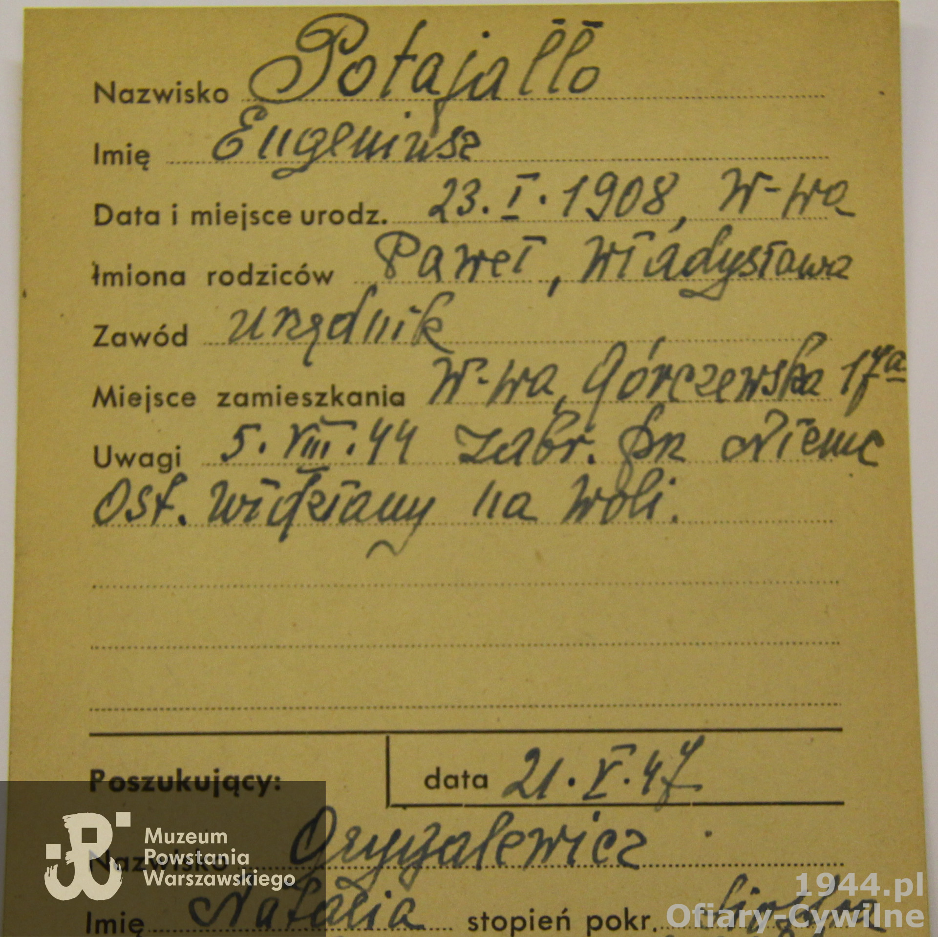 Karta z poszukiwań Eugeniusza za pośrednictwem PCK przez siostrę Natalię Grygalewicz, ze zbiorów Krajowego Biura Informacji i Poszukiwań PCK