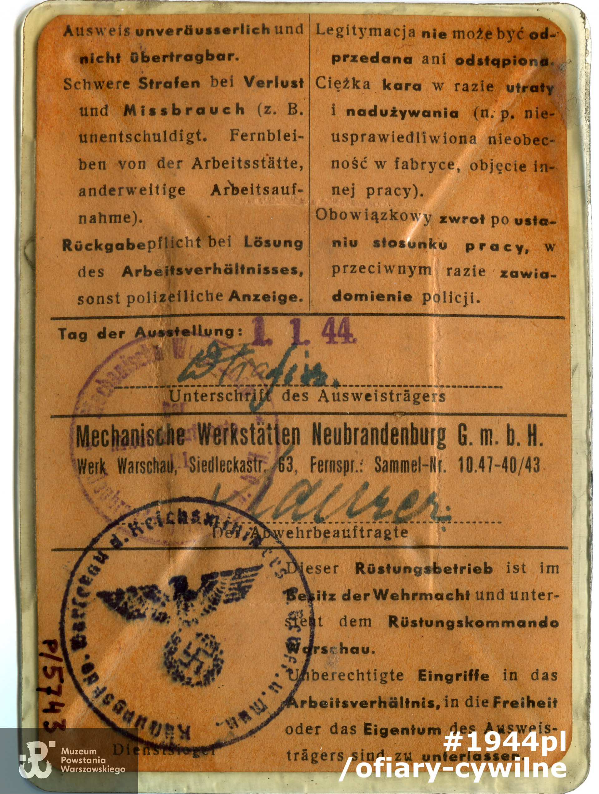 Przepustka służbowa (Werk-Ausweis) Wincentego Trafisza wystawiona przez Mechanische Werkstätten Neubrandenburg G.m.b.H (Wytwórnia Maszyn Precyzyjnych AVIA) przy ul. Siedleckiej 63,  zbiory Muzeum Powstania Warszawskiego nr akcesji P/5793 dar syna Andrzeja Ryszarda Trafisza (rewers)