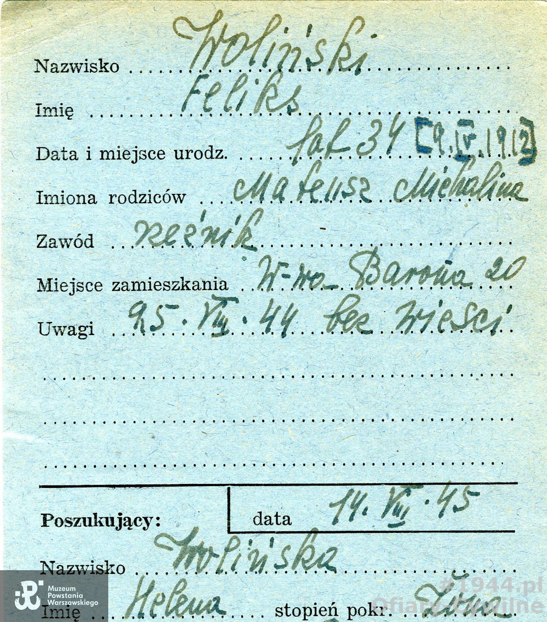 Karta z poszukiwań Feliksa przez żonę Helenę, ze zbiorów Krajowego Biura Informacji i Poszukiwań PCK