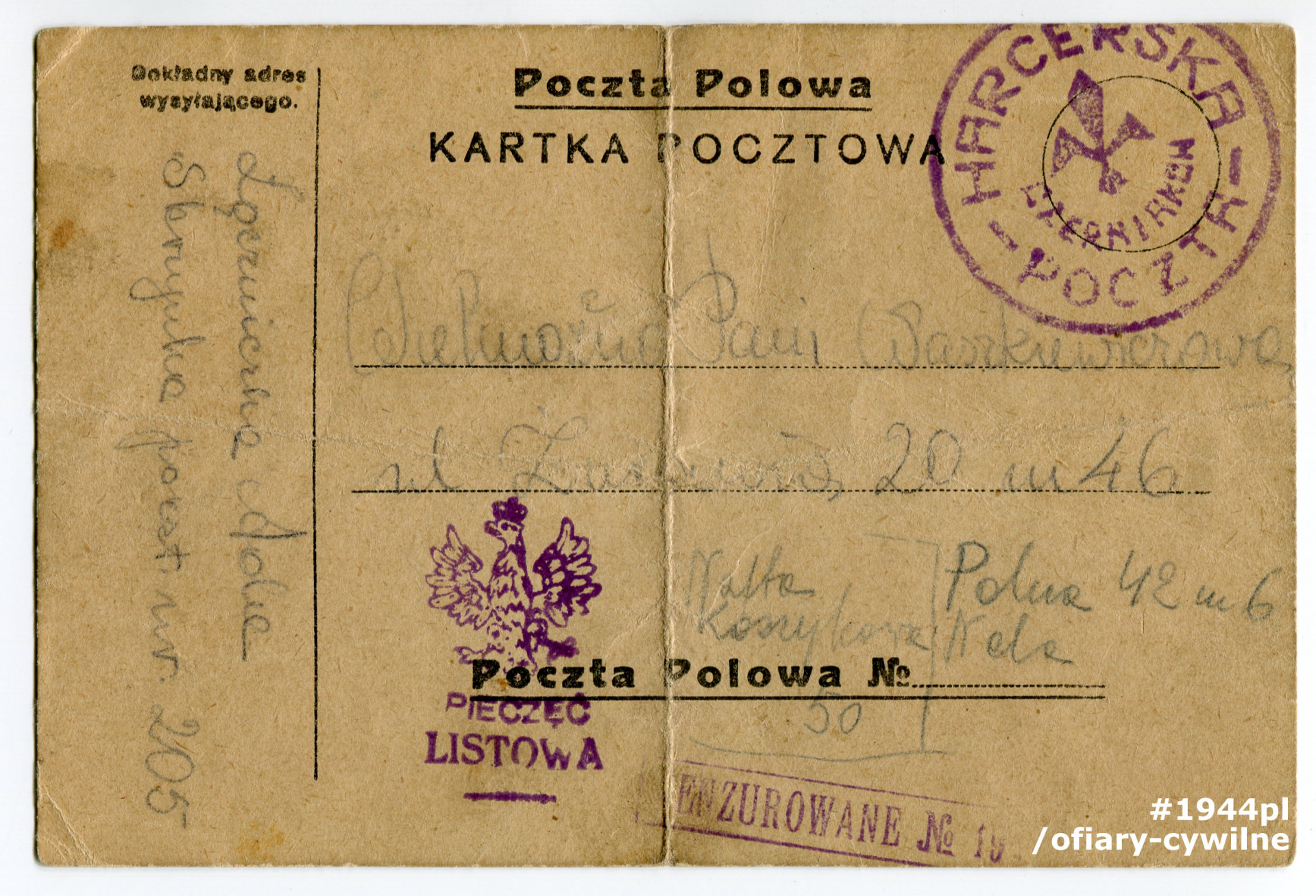 Kartka pocztowa Poczty Polowej, adresowana do Pani Waszkiewiczowej  (rewers),  zbiory Muzeum Powstania Warszawskiego MPW-A-1067 (P/345) 