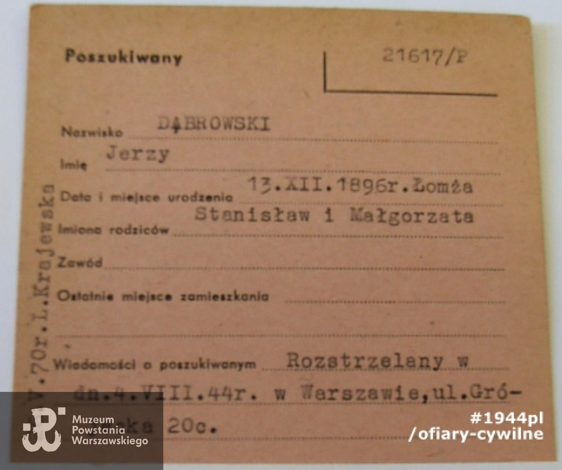 Karta z poszukiwań Jerzego Dąbrowskiego, ze zbiorów Krajowego Biura Informacji i Poszukiwań PCK