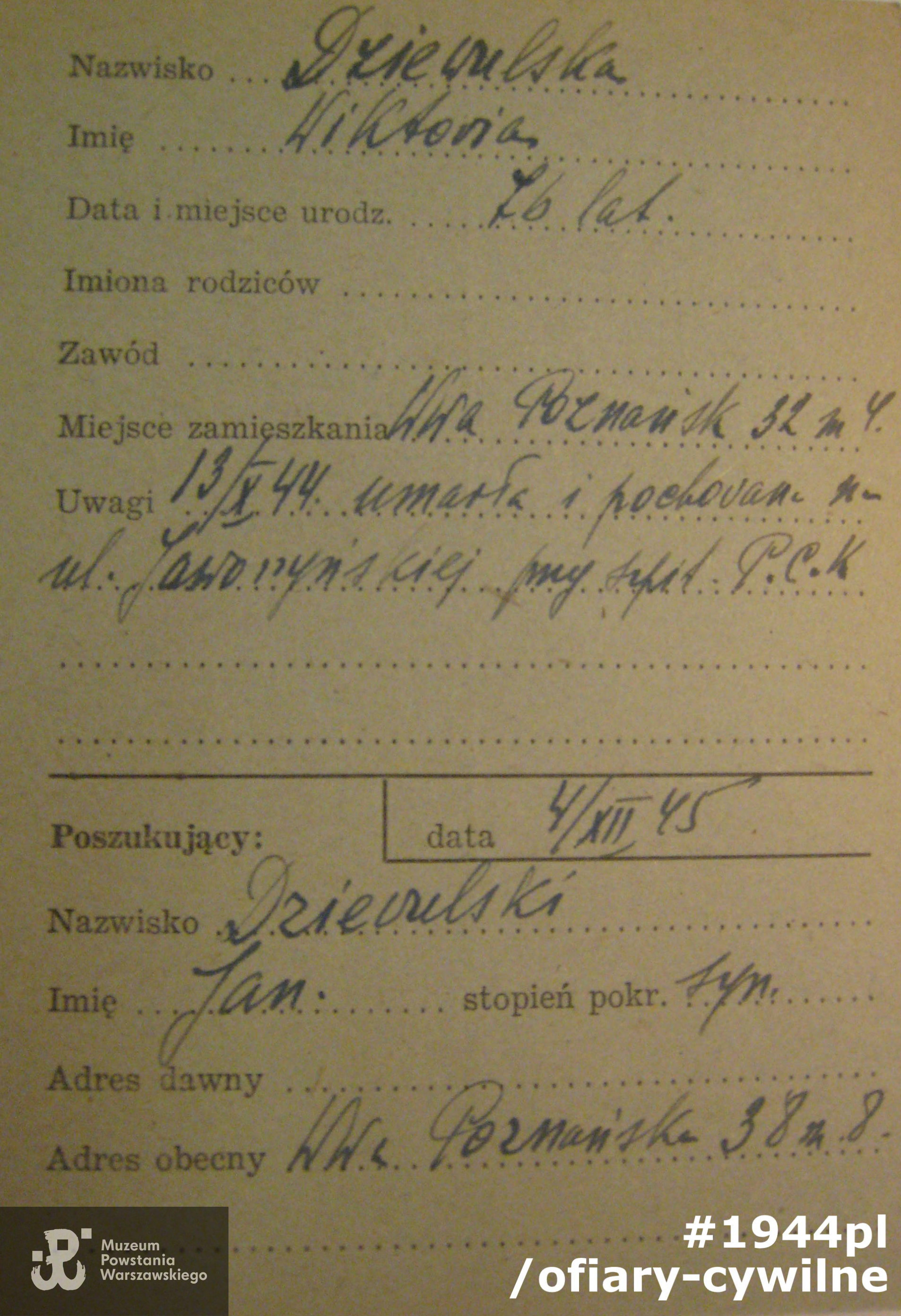 Karta z poszukiwań matki Wiktorii przez syna Jana, ze zbiorów Krajowego Biura Informacji i Poszukiwań PCK