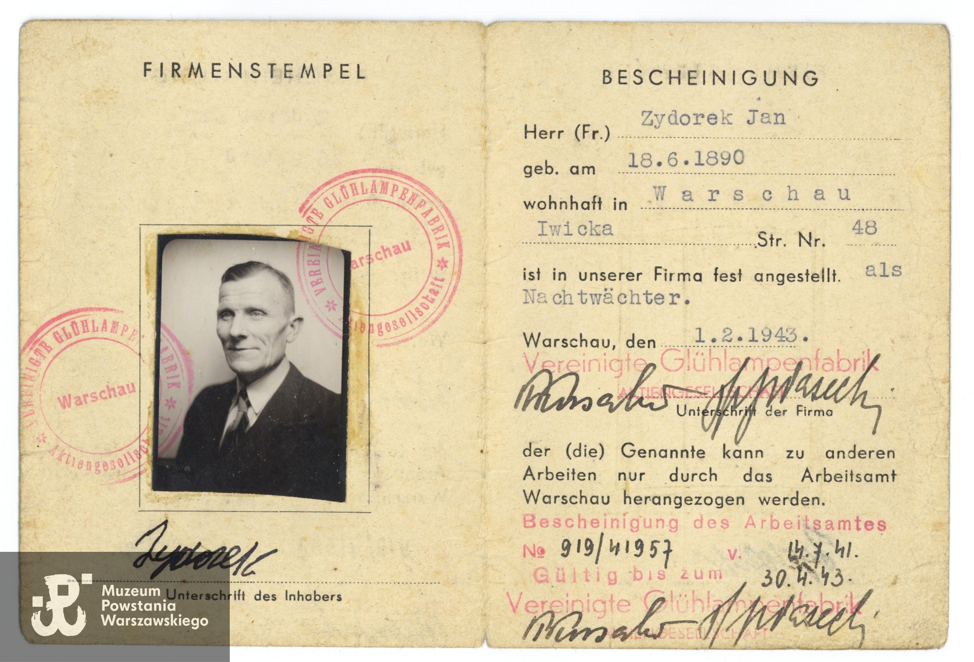 Zaświadczenie o zatrudnieniu, wystawione dla Jana Zydorka (awers), zbiory Muzeum Powstania Warszawskiego, syg. MPW-A/12189