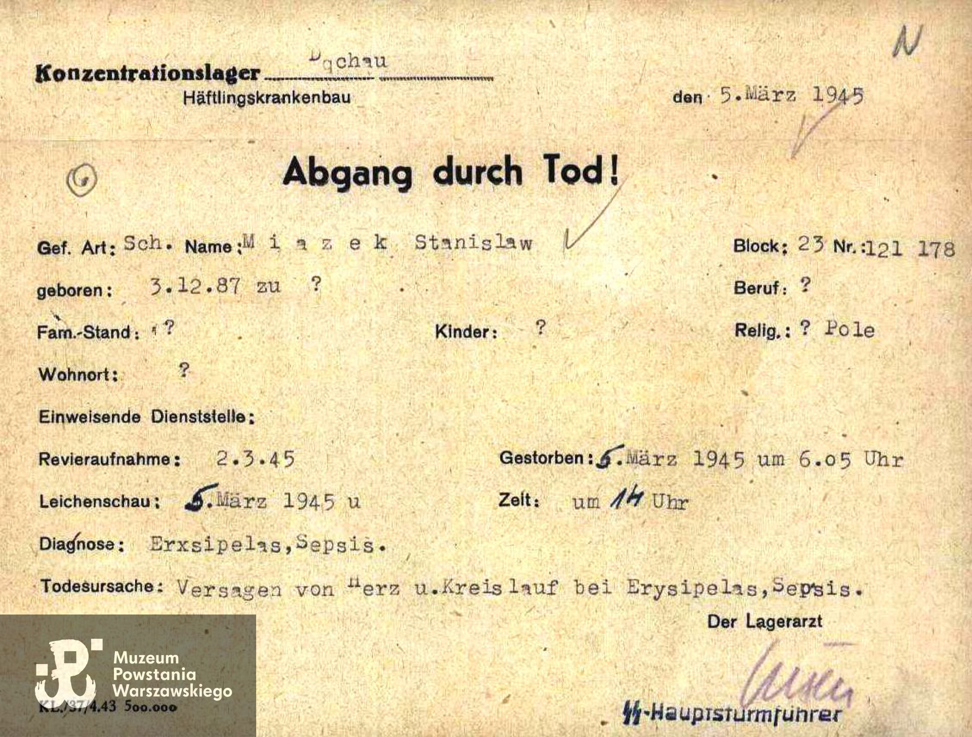 Akt zgonu sporządzony w obozie koncentracyjnym Dachau, udostępnił Pan Grzegorz Chabowski