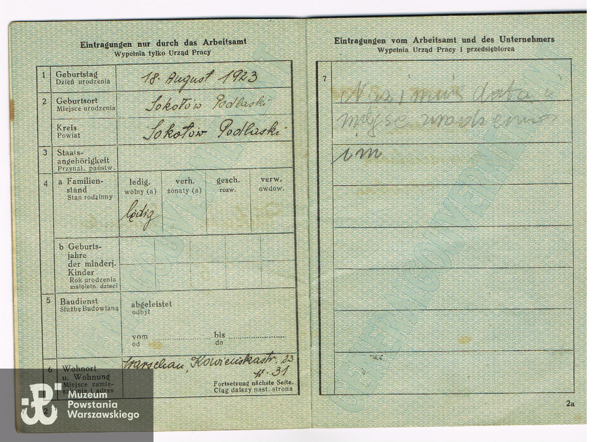 Karta Pracy (Arbeitskarte) należącą do Tadeusza, udostępniła Pani Anna Zadrożna