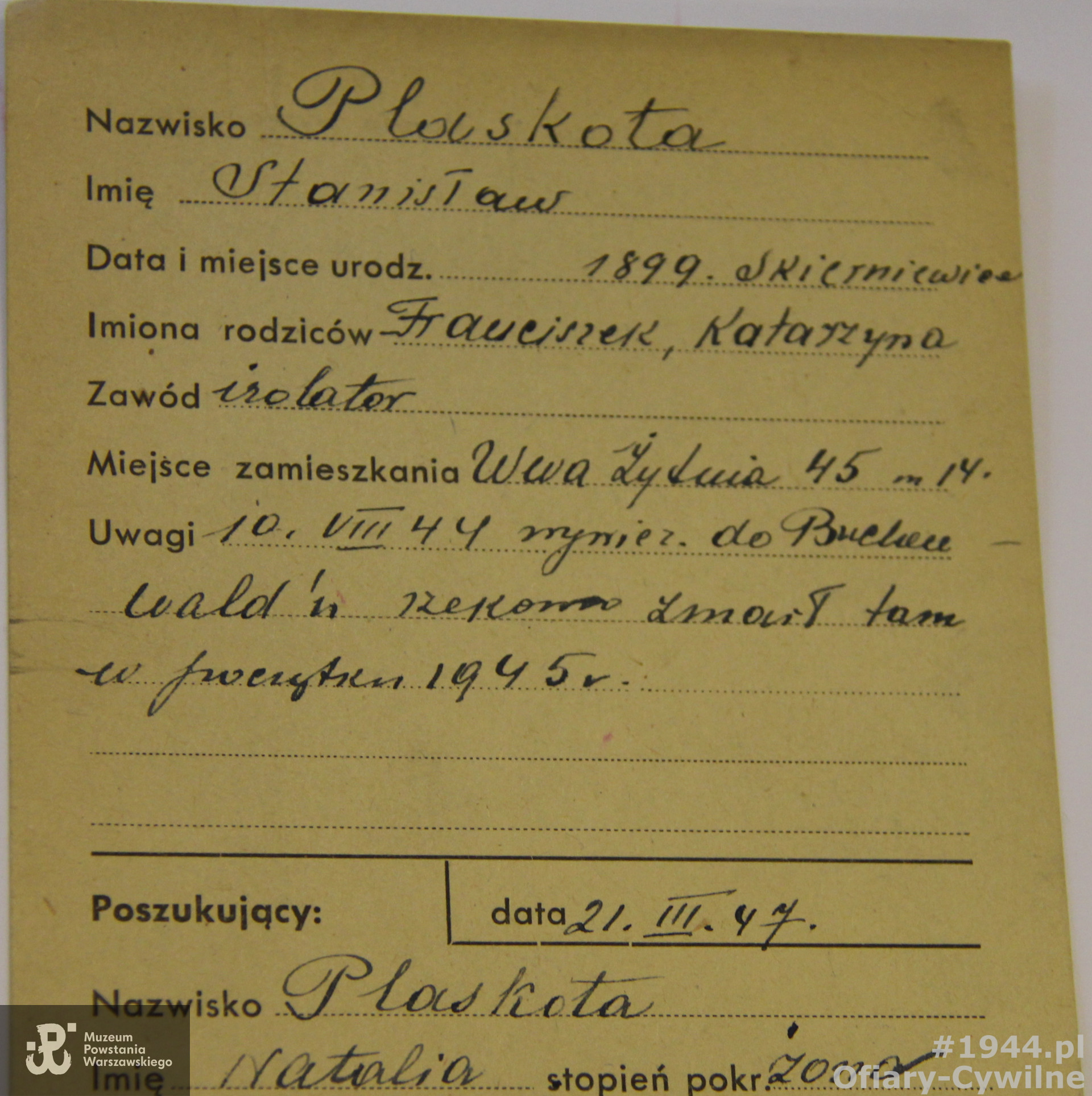 Karta z poszukiwań w 1947 r. Stanisław Plaskoty przez żonę Natalię, ze zbiorów Krajowego Biura Informacji i Poszukiwań PCK