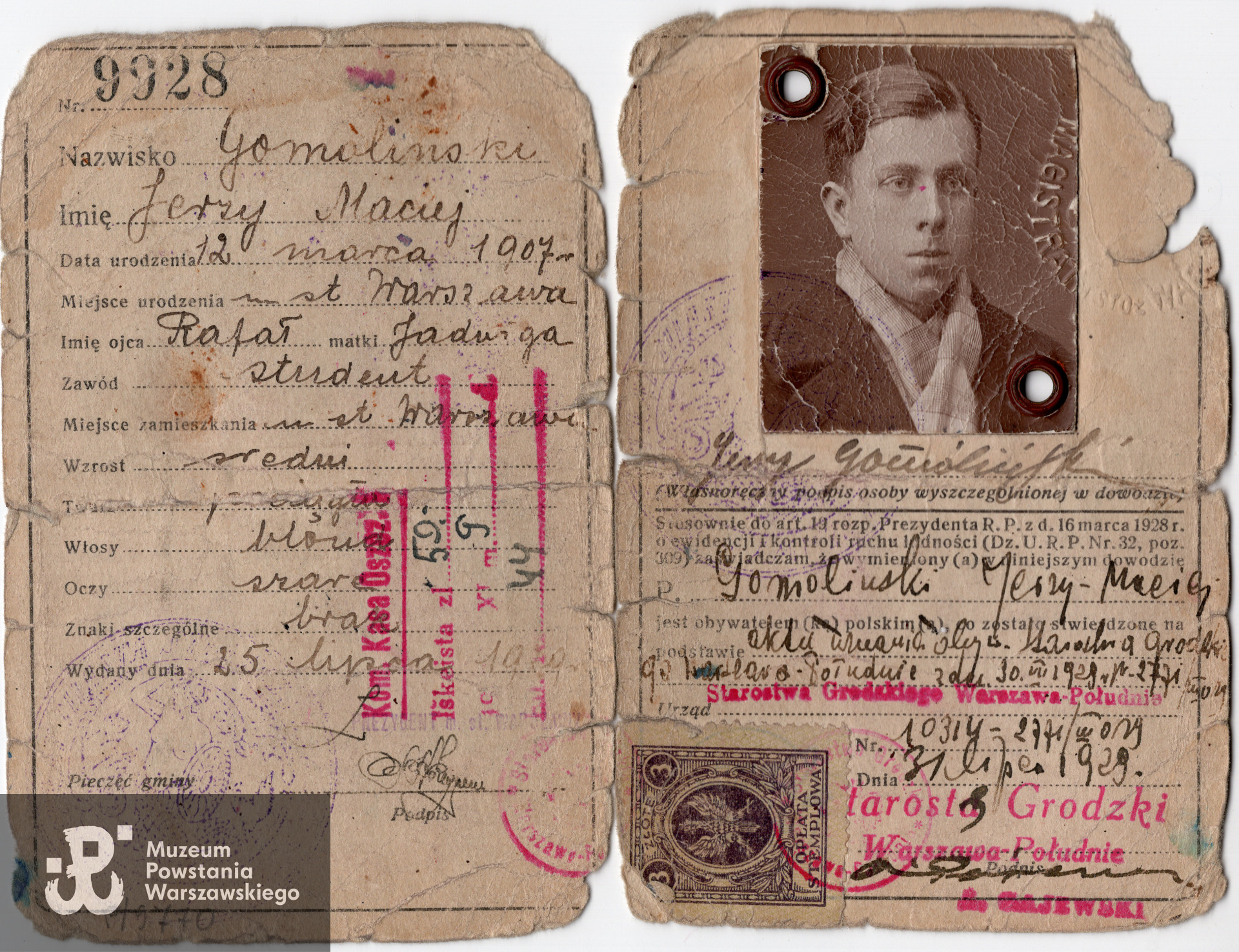 Przedwojenny dowód osobisty Jerzego Gomólińskiego, zbiory Muzeum Powstania Warszawskiego nr akc. P/9770