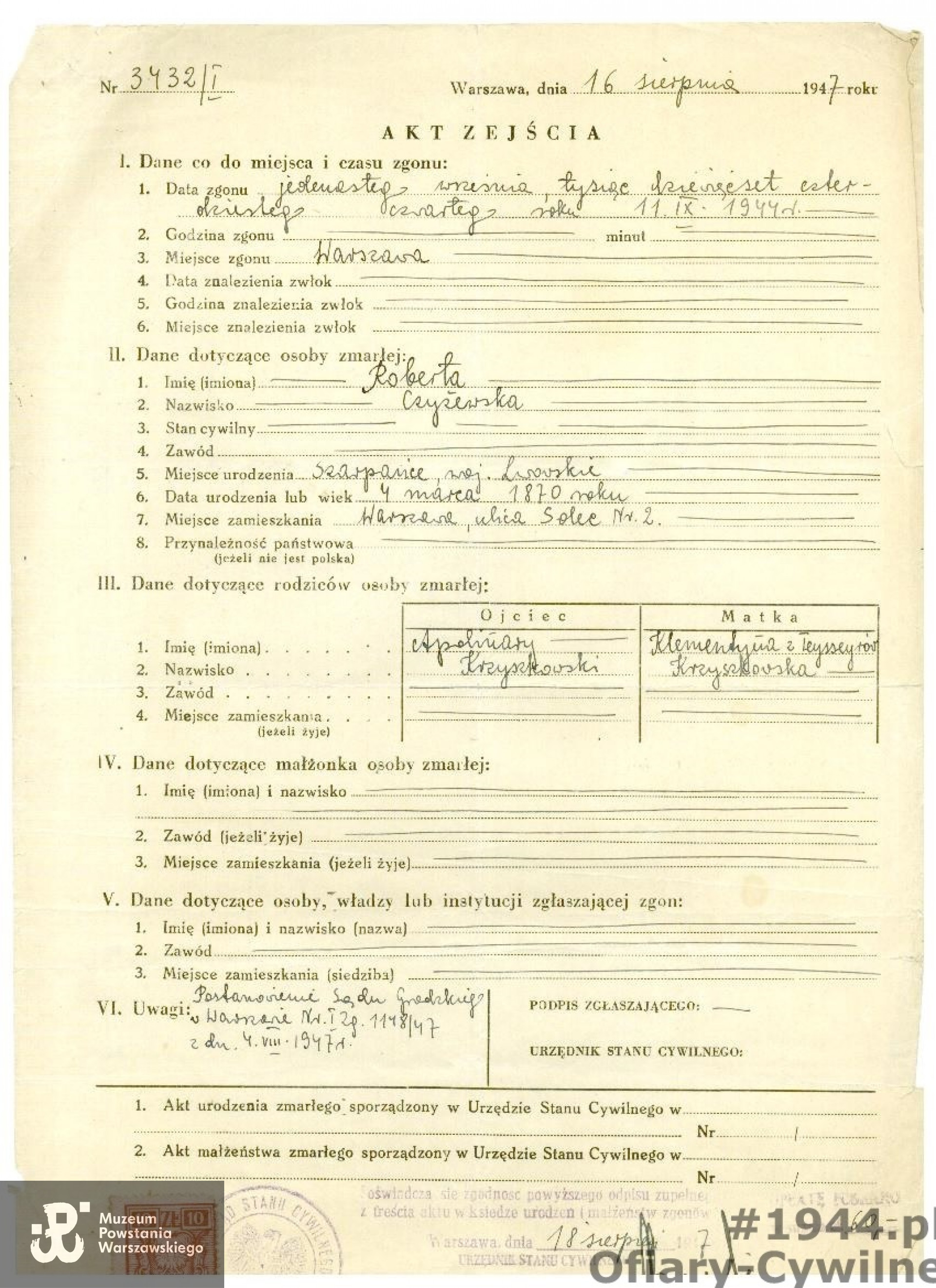 Akt zejścia Roberty Czyżewskiej wydany na podstawie postanowienia sądu grodzkiego w Warszawie  z dnia 4 marca 1947 r. sygnatura akt 1148/47, ze zbiorów wnuka pana Andrzeja Iwanowskiego