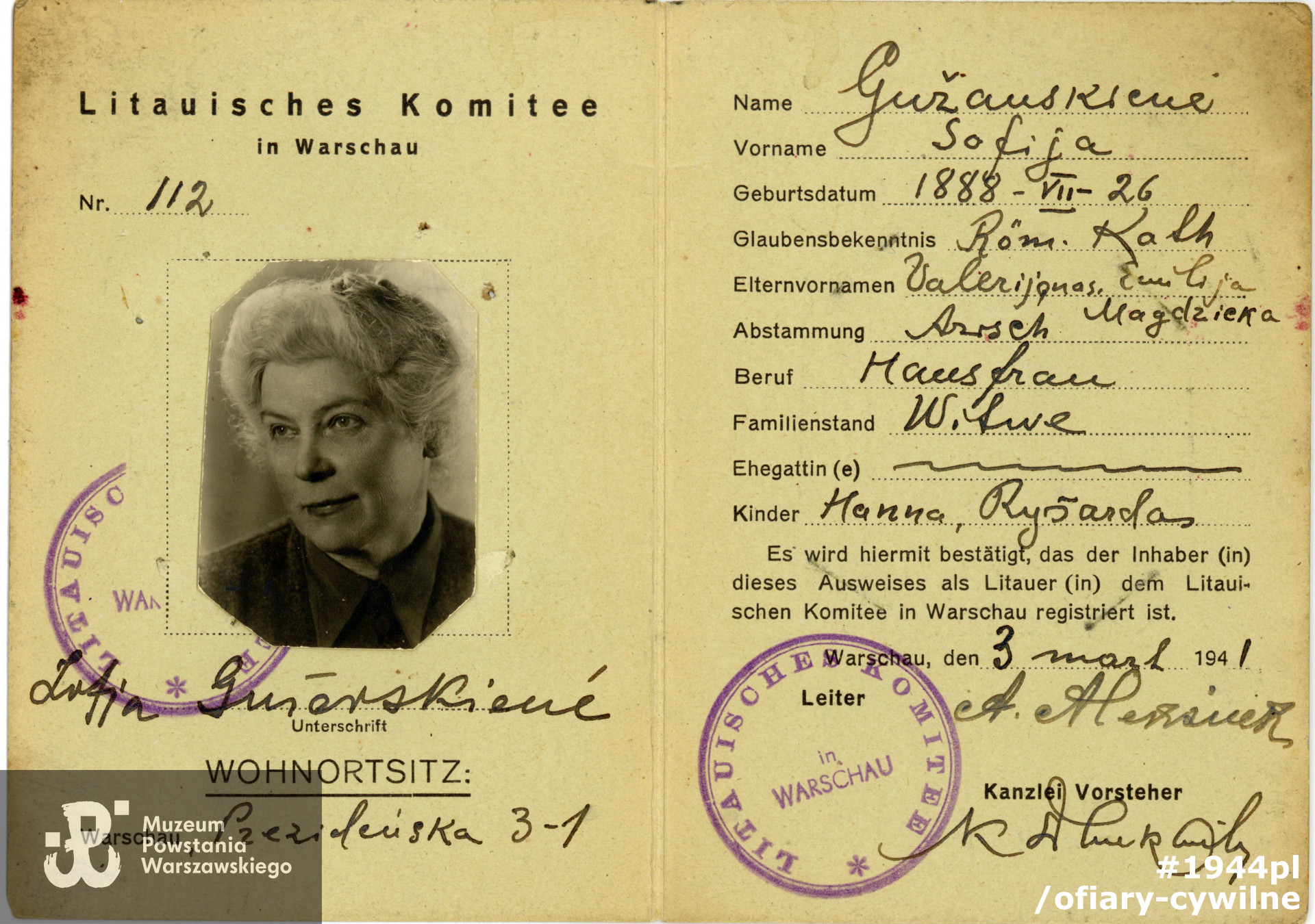 Legitymacja Komitety Litewskiego w Warszawie Zofii Gurzewskiej, zbiory rodzinne