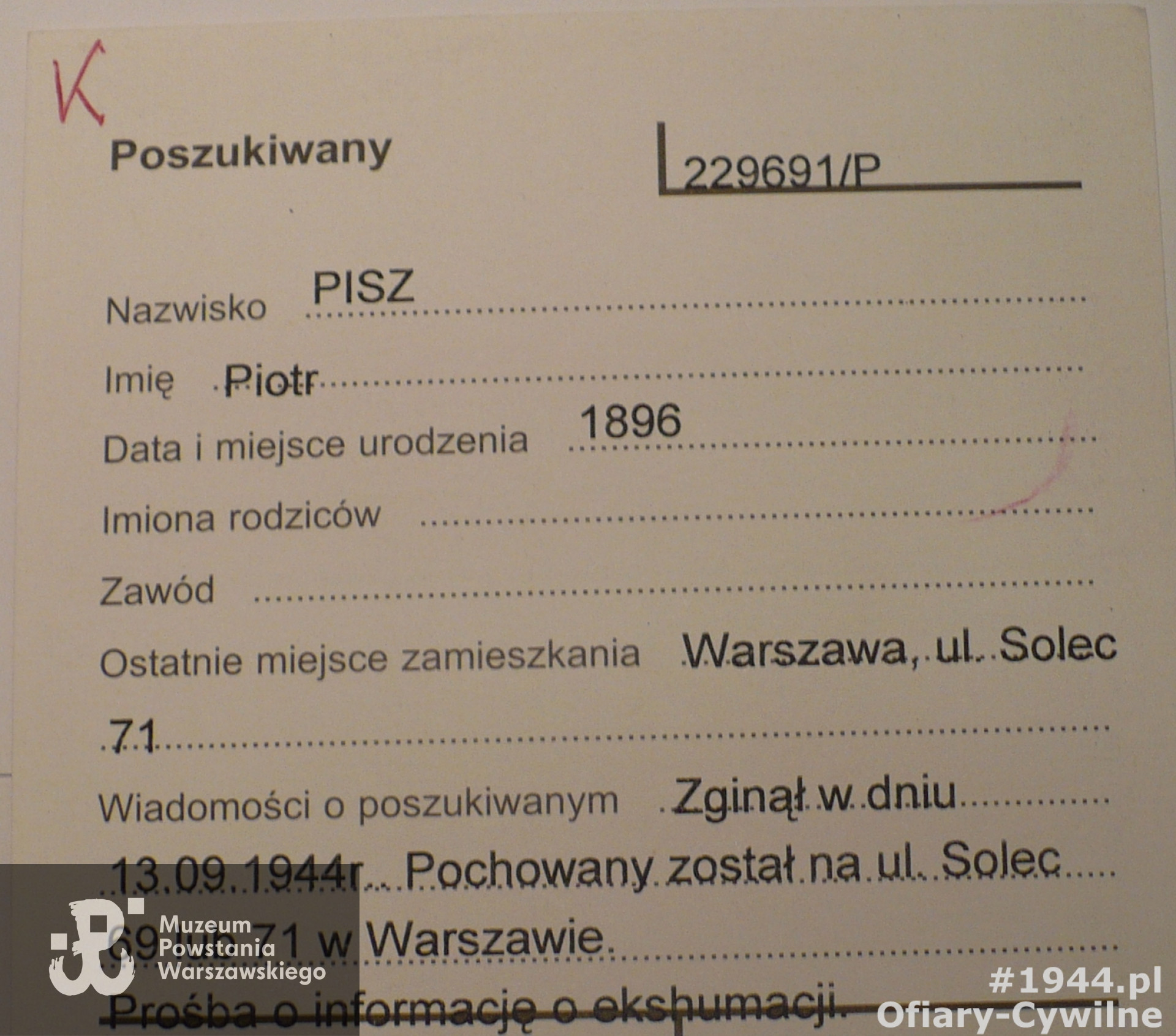 Karta z poszukiwań Piotra za pośrednictwem Polskiego Czerwonego Krzyża przez kuzyna Bogdana Pisza, ze zbiorów Krajowego Biura Informacji i Poszukiwań PCK