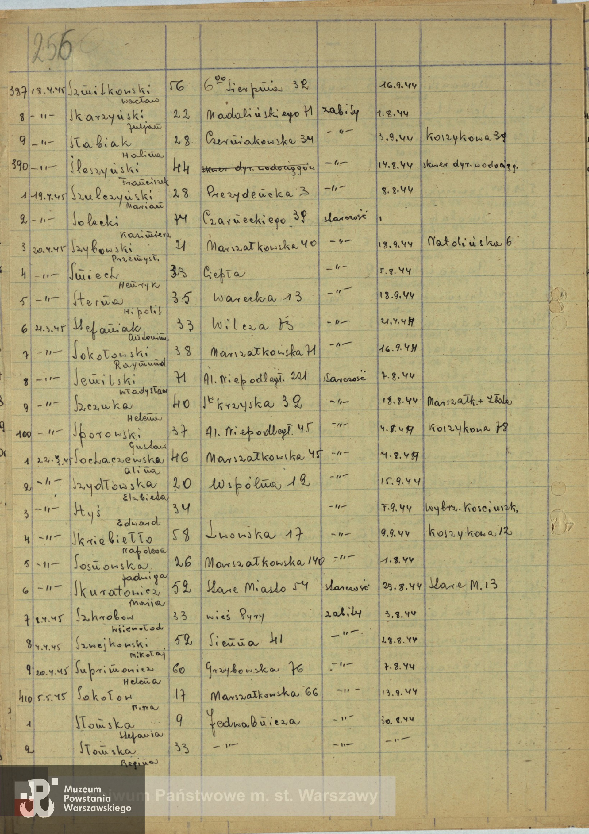 Lista ekshumowanych, Jadwiga Sosnowska figuruje pod nr 405, ze zbiorów Archiwum Państwowe m.st. Warszawy sygnatura 455/256
