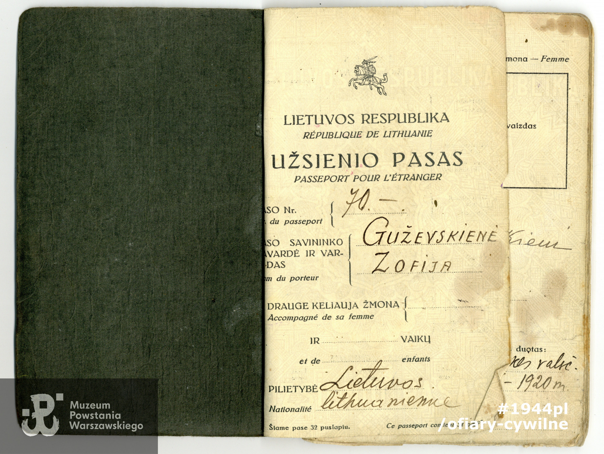 Paszport Republiki Litewskiej Zofii Gużewskiej s. 1, zbiory rodzinne