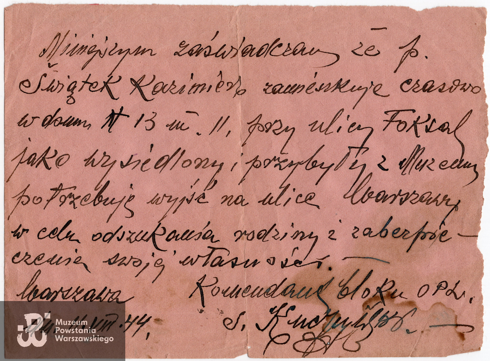 Zaświadczenie wydane 11.08.1944 r. przez Komenda Bloku OPL przy ul. Foksal 13 dla Kazimierza Świątka, zbiory Muzeum Powstania Warszawskiego nr akcesji P/9477/20 dar Pani Elżbiety Machały