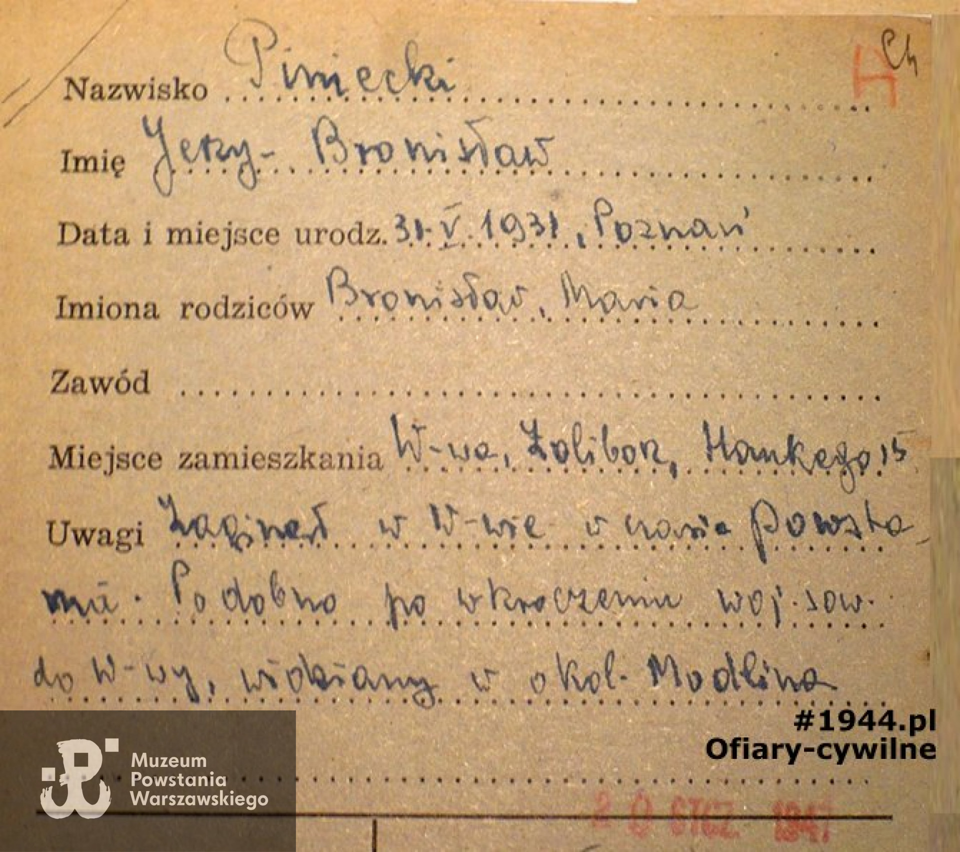 Fragment karty PCK z poszukiwań przez matkę Marię, ze zbiorów Krajowego Biura Informacji i Poszukiwań PCK.